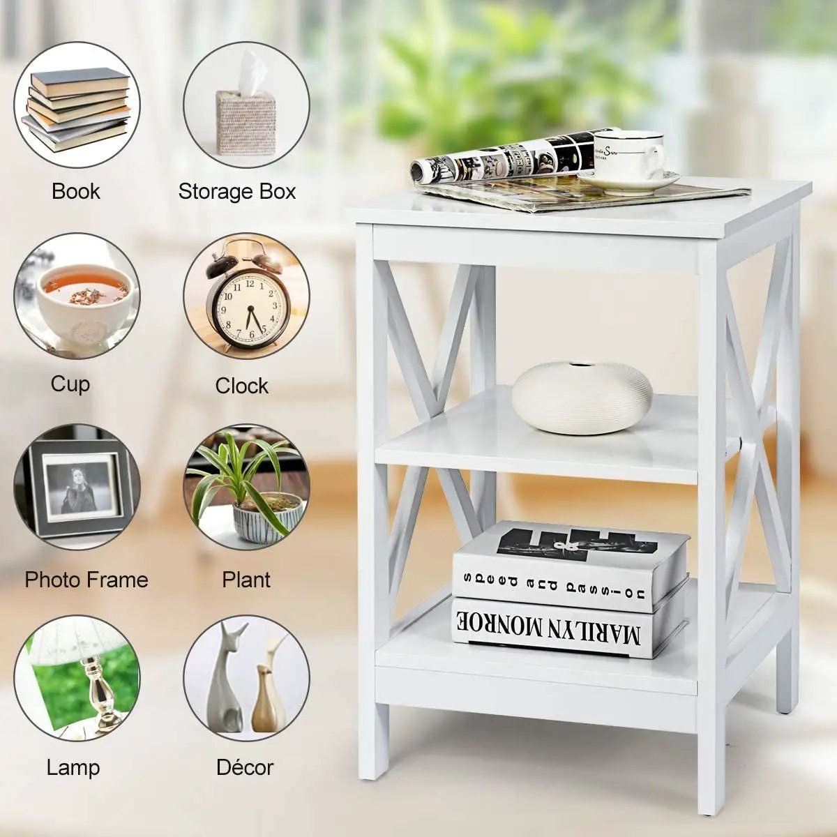 3-Tier X-Design Nightstands with Storage Shelves for Living Room Bedroom, photo 22 of 31