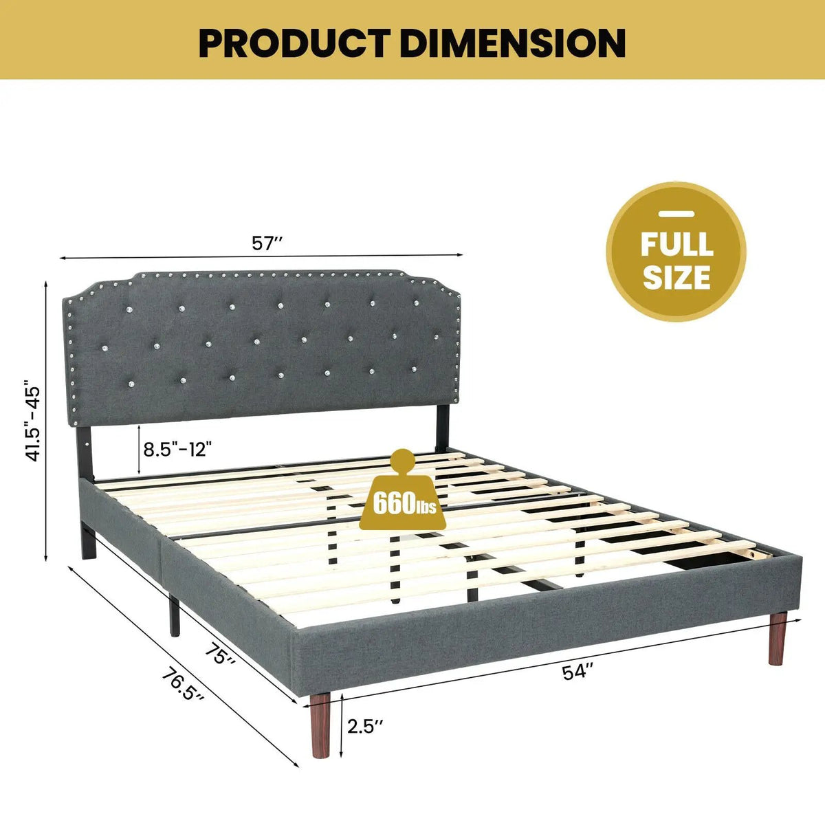 Upholstered Bed Frame with Adjustable Diamond Button Headboard, photo 4 of 9