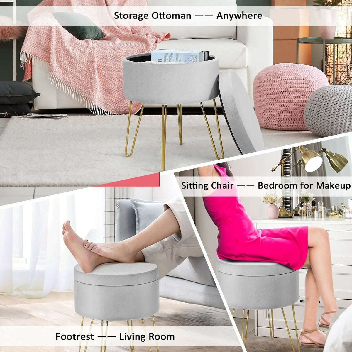 Round Velvet Storage Ottoman Footrest Stool Vanity Chair with Metal Legs, photo 8 of 24
