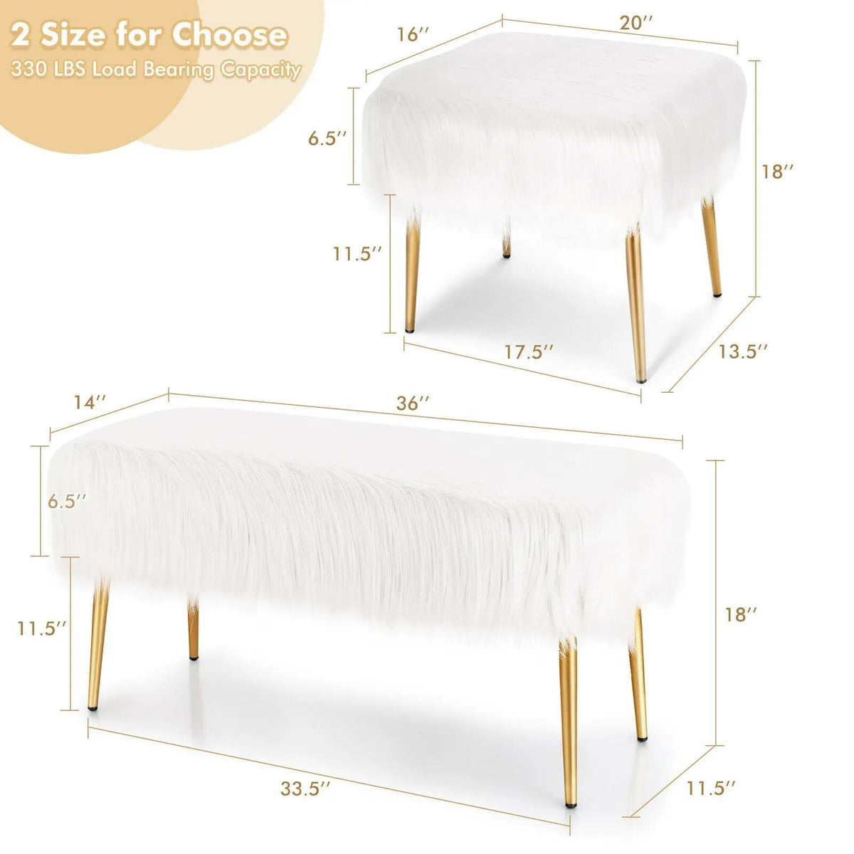 Faux Fur Vanity Stool with Golden Metal Legs for Makeup Room, photo 9 of 16
