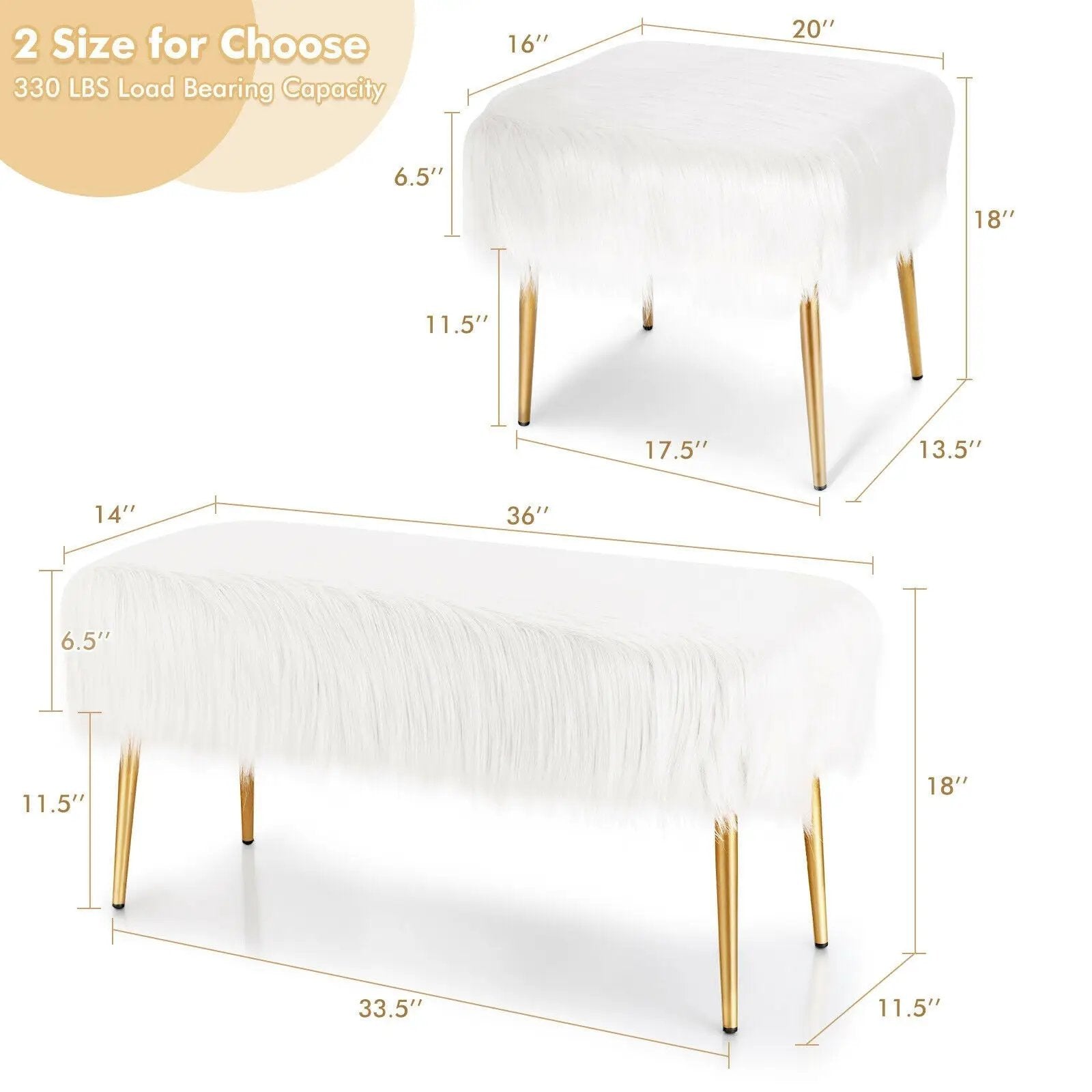 Faux Fur Vanity Stool with Golden Metal Legs for Makeup Room by DirectDeals