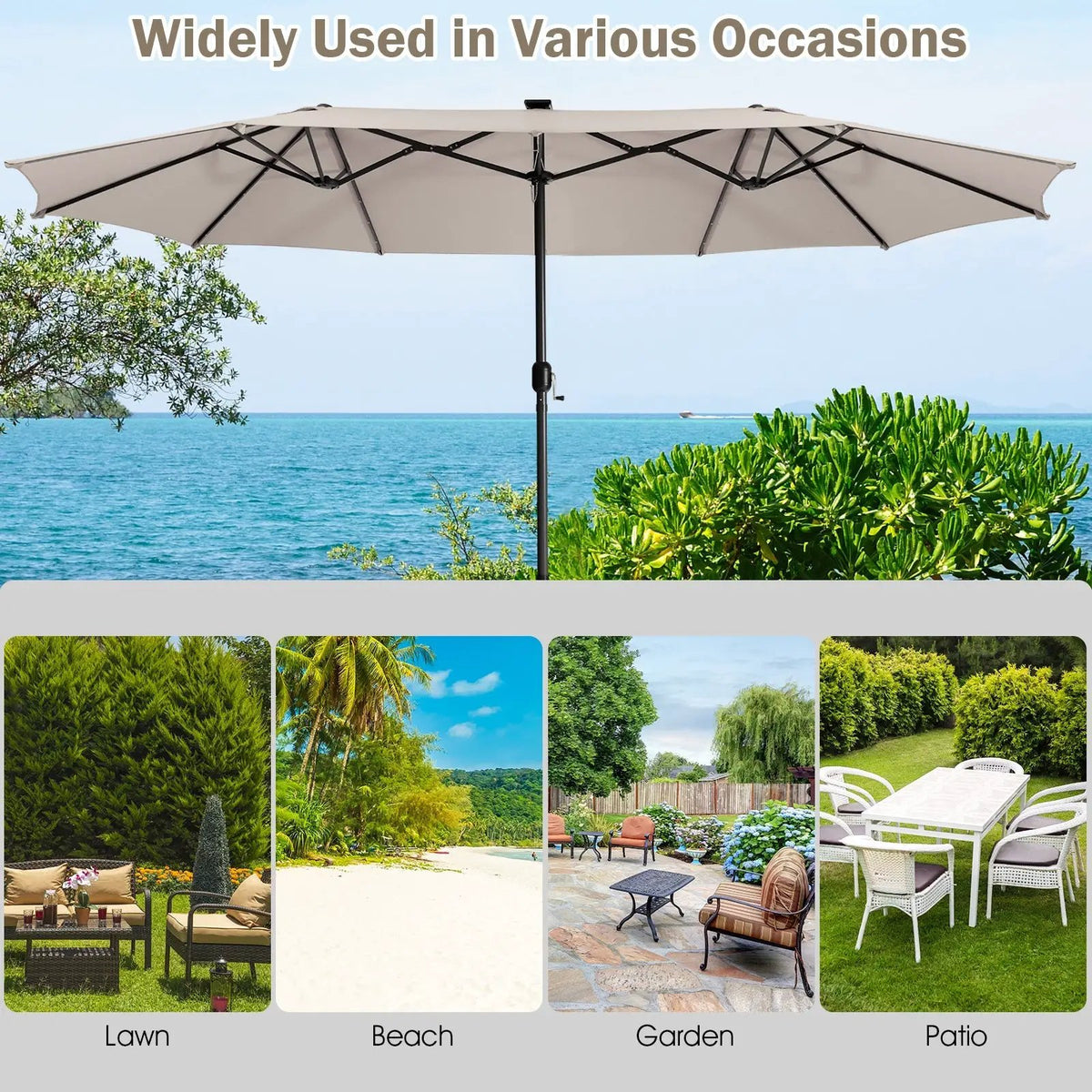 15 Feet Twin Patio Umbrella with 48 Solar LED Lights, photo 6 of 14