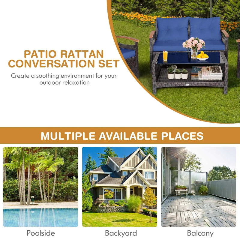4 Pieces Patio Rattan Furniture Set with Cushioned Sofa and Storage Table by DirectDeals
