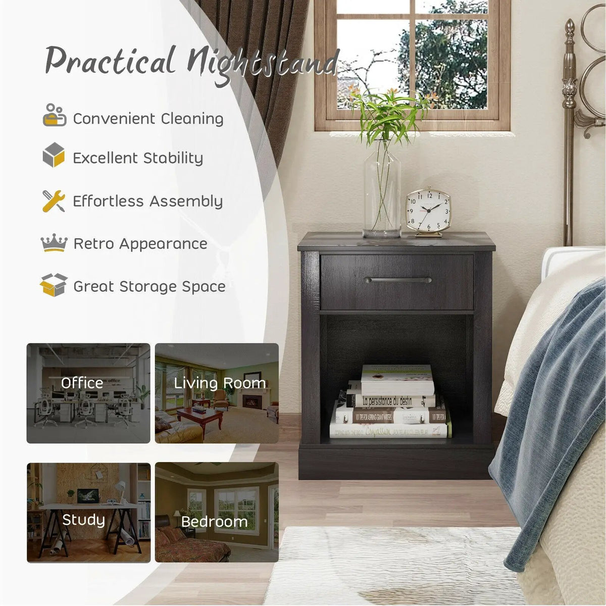Compact Nightstand with Drawer and Shelf, photo 24 of 24