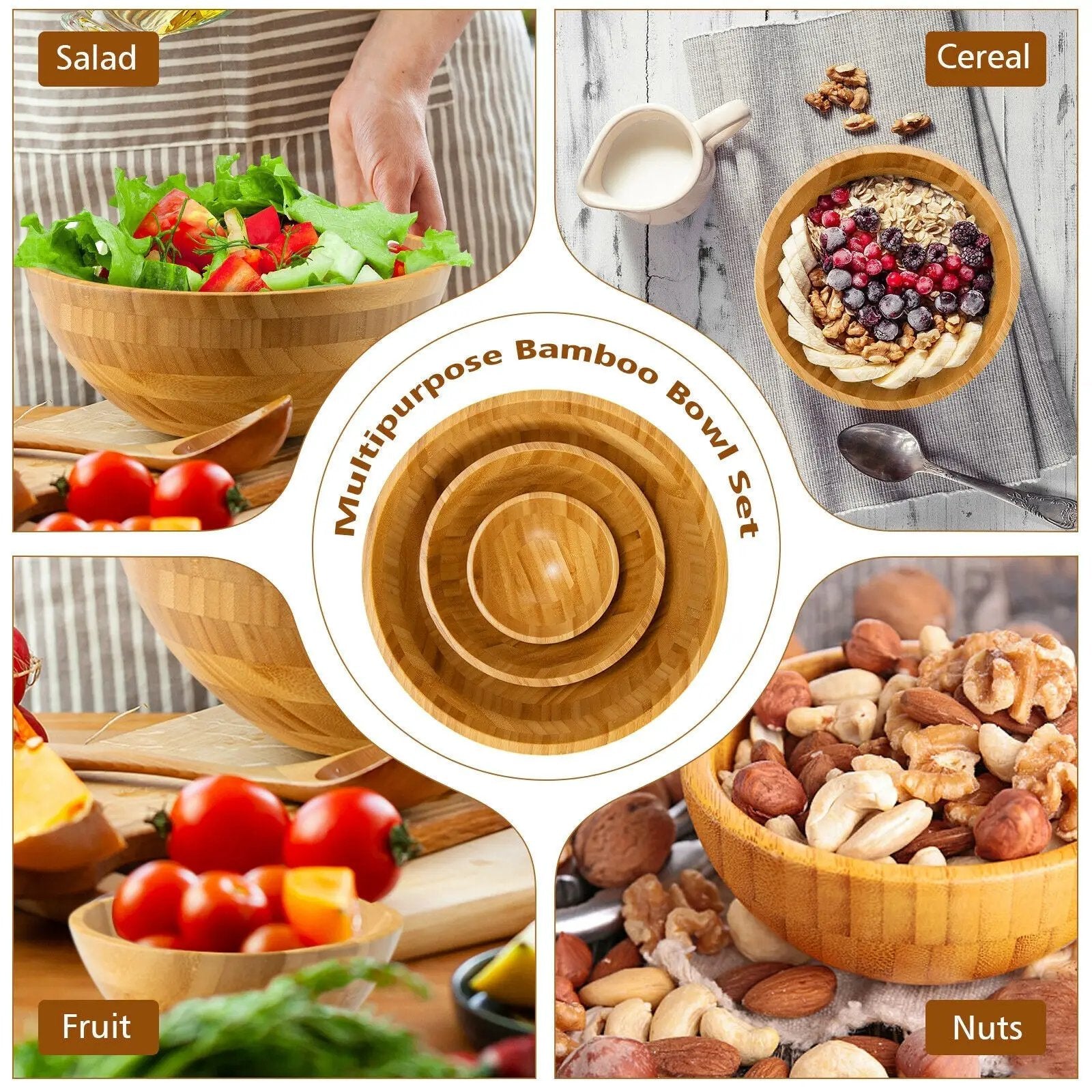 8 Pieces Bamboo Salad Bowl Set with Server Utensils-Natural by DirectDeals