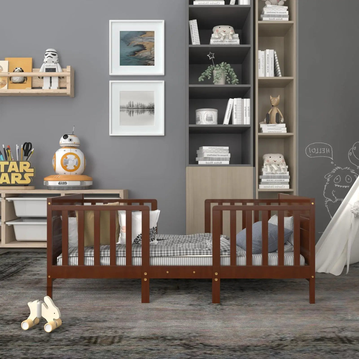 2-in-1 Convertible Kids Wooden Bedroom Furniture with Guardrails, photo 8 of 9