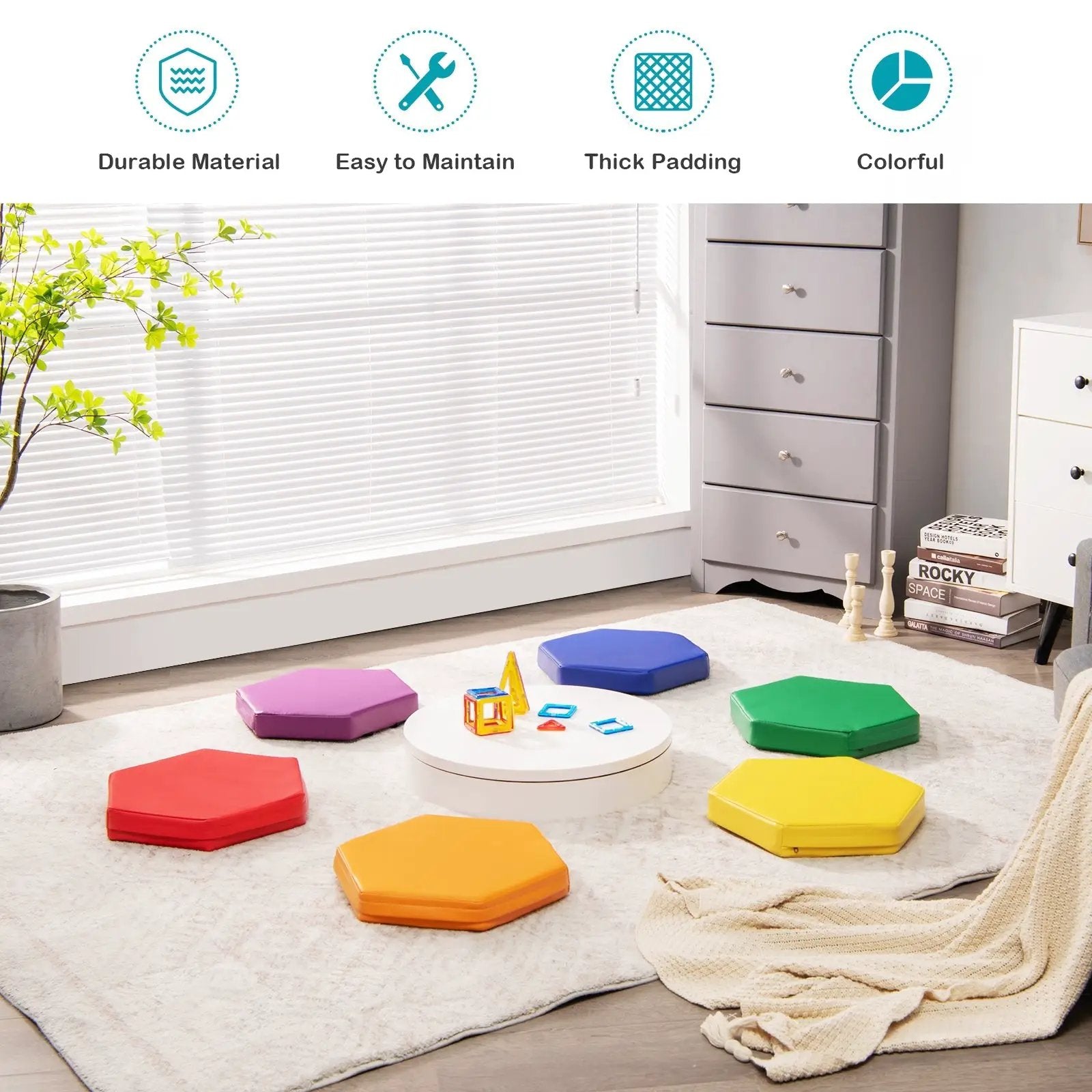 6 Pieces Multifunctional Hexagon Toddler Floor Cushions Classroom Seating with Handles by DirectDeals