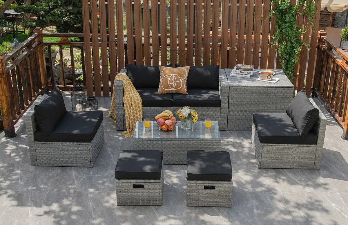 8 Pieces Patio Rattan Furniture Set with Storage Waterproof Cover and Cushion, photo 2 of 13