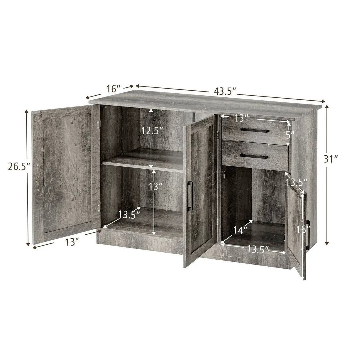 Buffet Storage Cabinet Kitchen Sideboard with 2 Drawers-Gray, photo 5 of 8