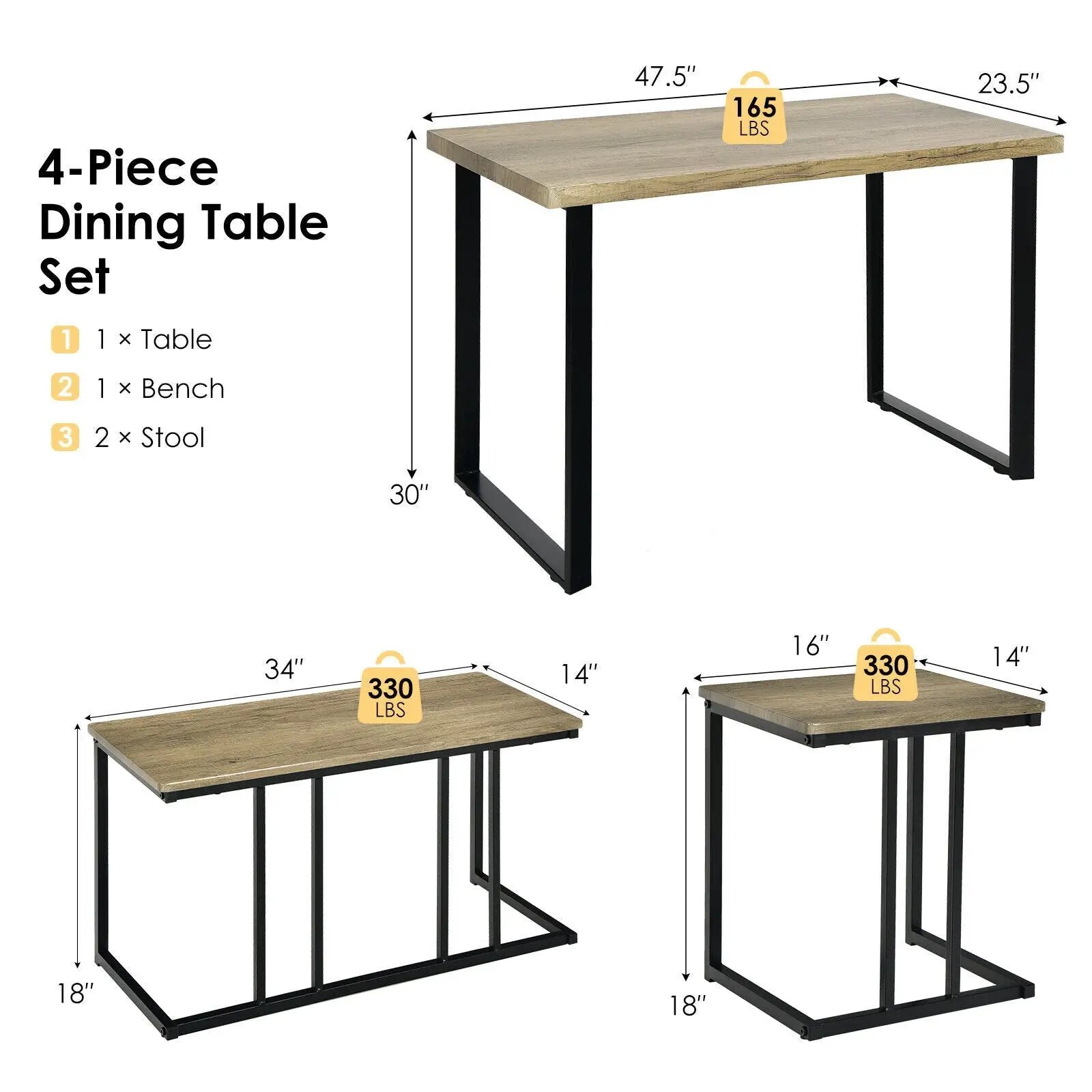 4 Pieces Industrial Dinette Set with Bench and 2 Stools-Oak by DirectDeals