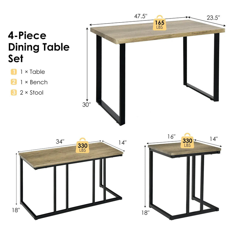 4 Pieces Industrial Dinette Set with Bench and 2 Stools-Oak by DirectDeals