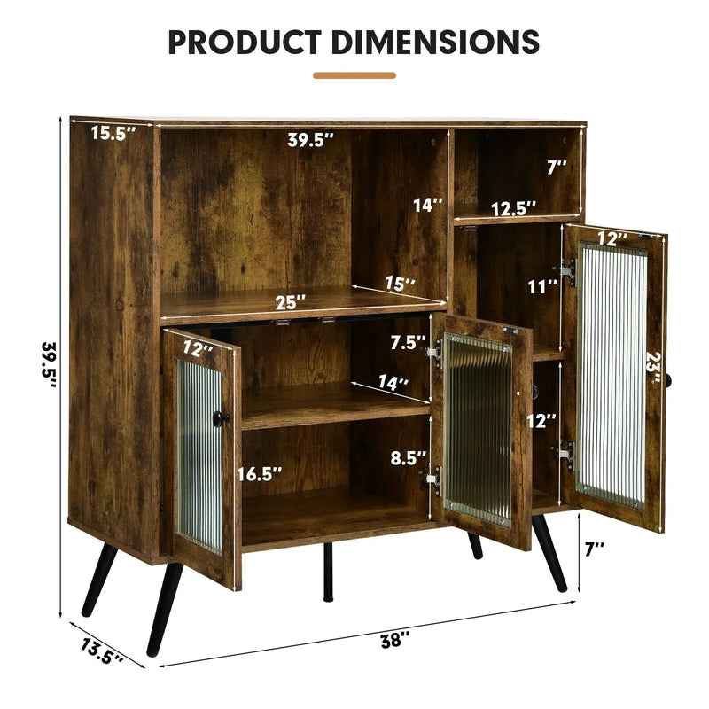 Buffet Kitchen Storage Cupboard with Glass Door and Adjustable Shelves-Rustic Brown by DirectDeals