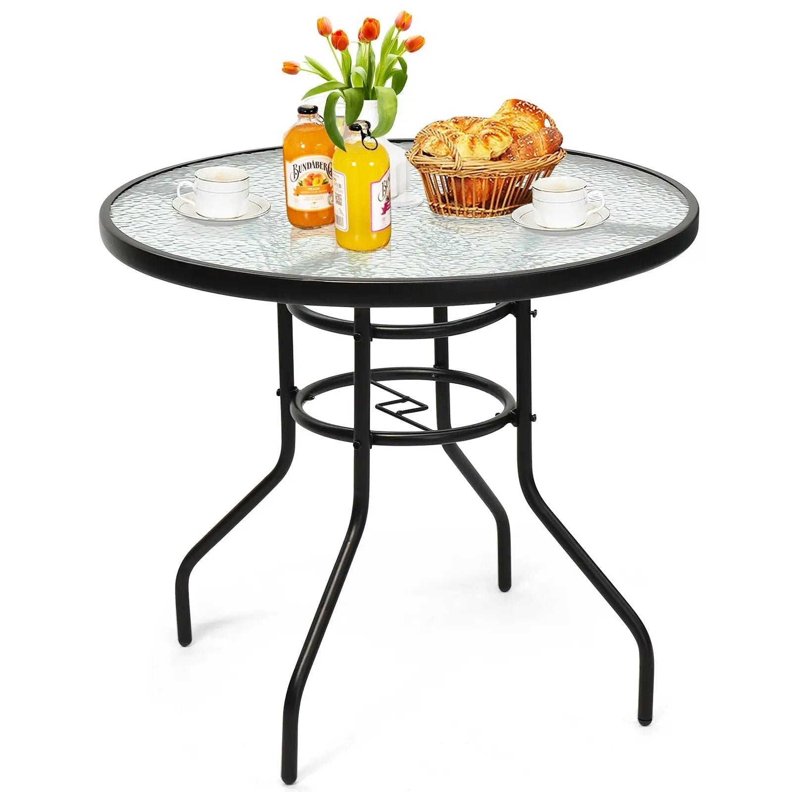 32 Inch Patio Tempered Glass Steel Frame Round Table with Convenient Umbrella Hole by DirectDeals