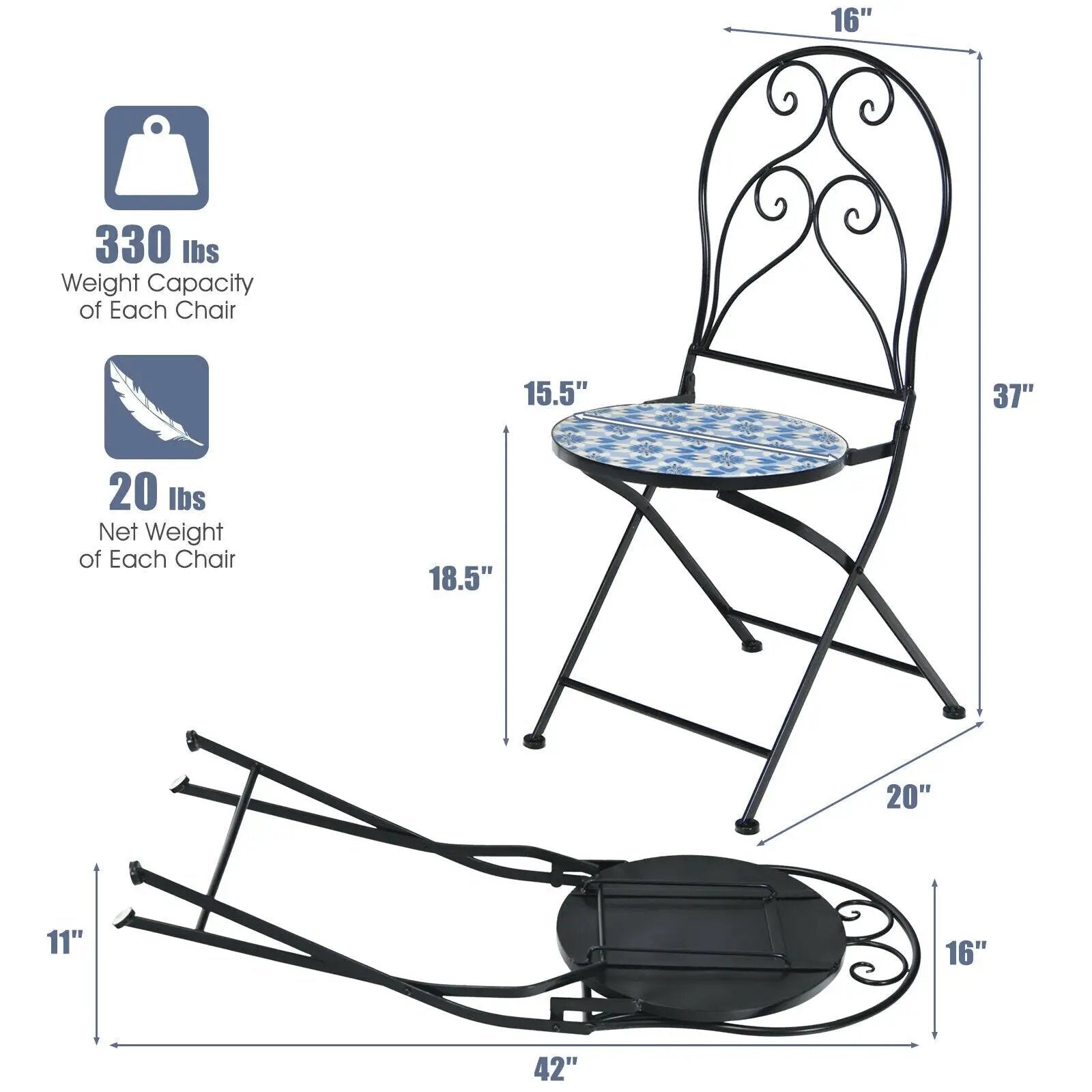 2 Pieces Patio Folding Mosaic Bistro Chairs with Blue Floral Pattern by DirectDeals