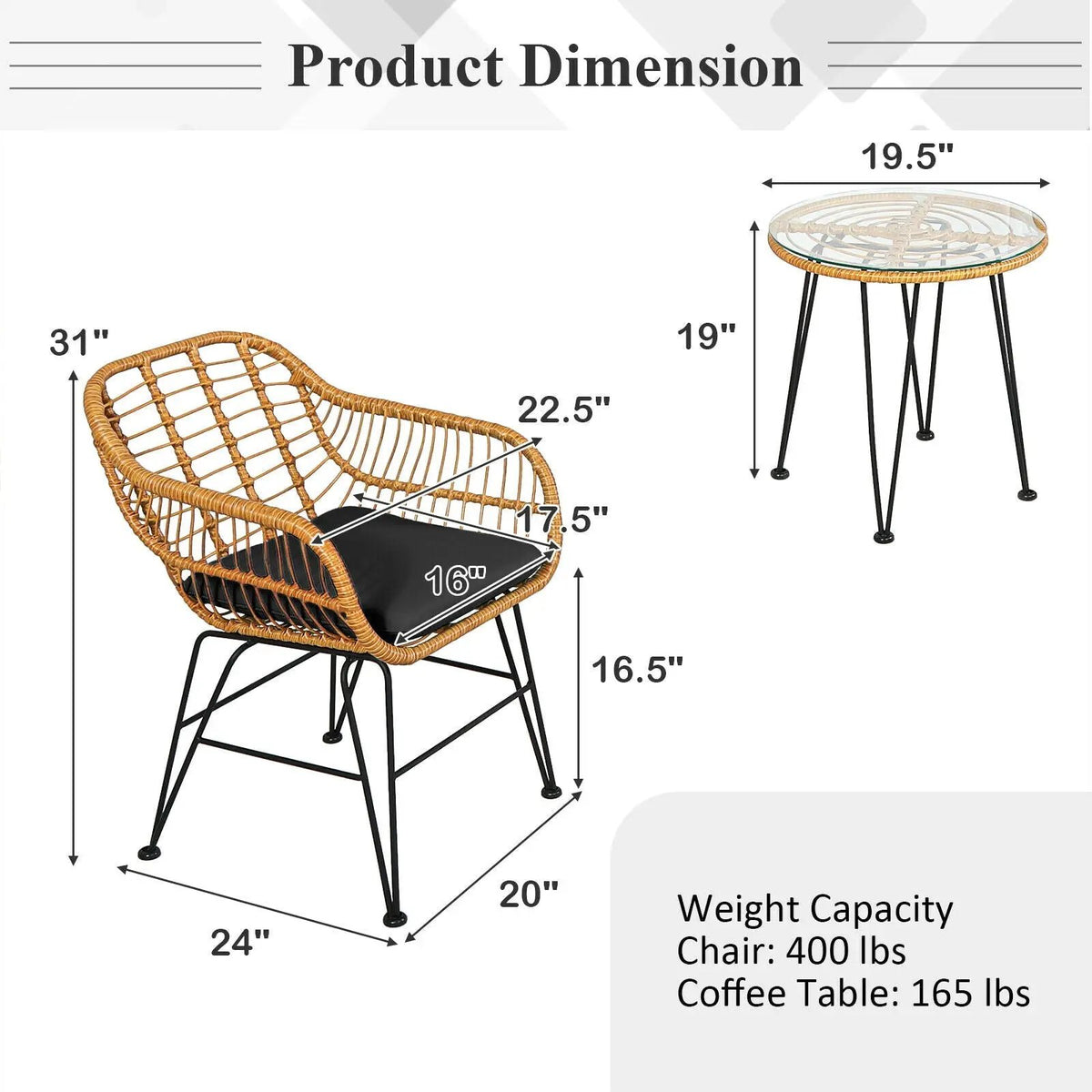 3 Pieces Rattan Furniture Set with Cushioned Chair Table, photo 8 of 13