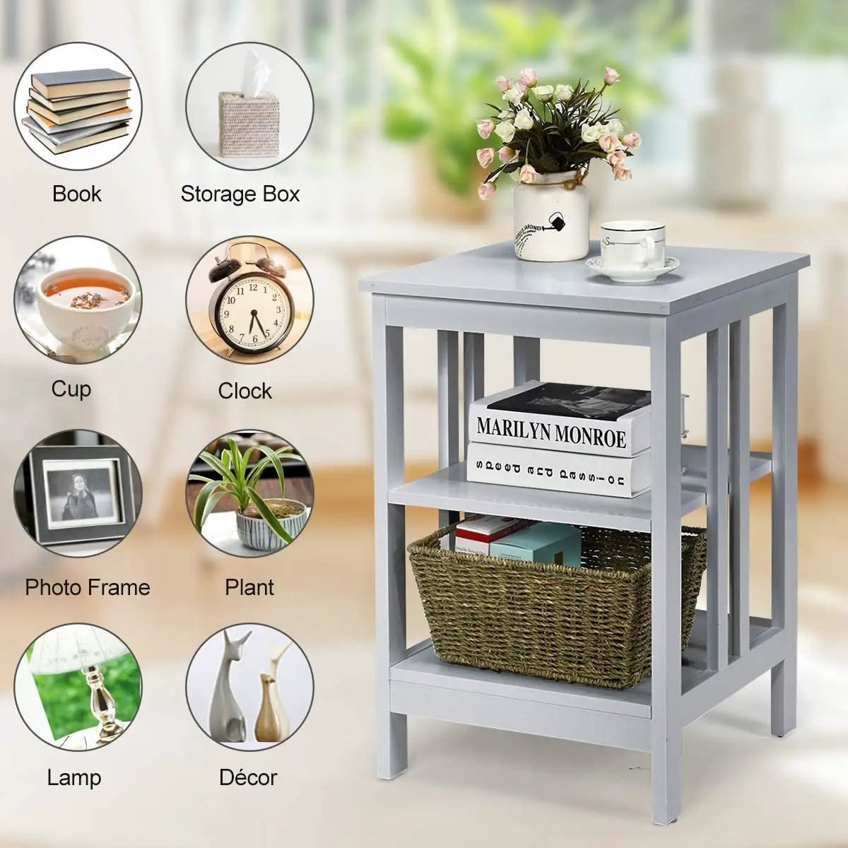 2 Pieces 3-Tier Nightstand with Reinforced Bars and Stable Structure, photo 17 of 32
