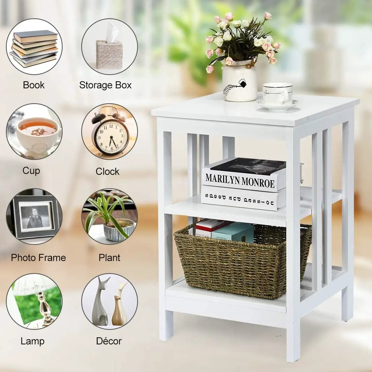 2 Pieces 3-Tier Nightstand with Reinforced Bars and Stable Structure, photo 24 of 32