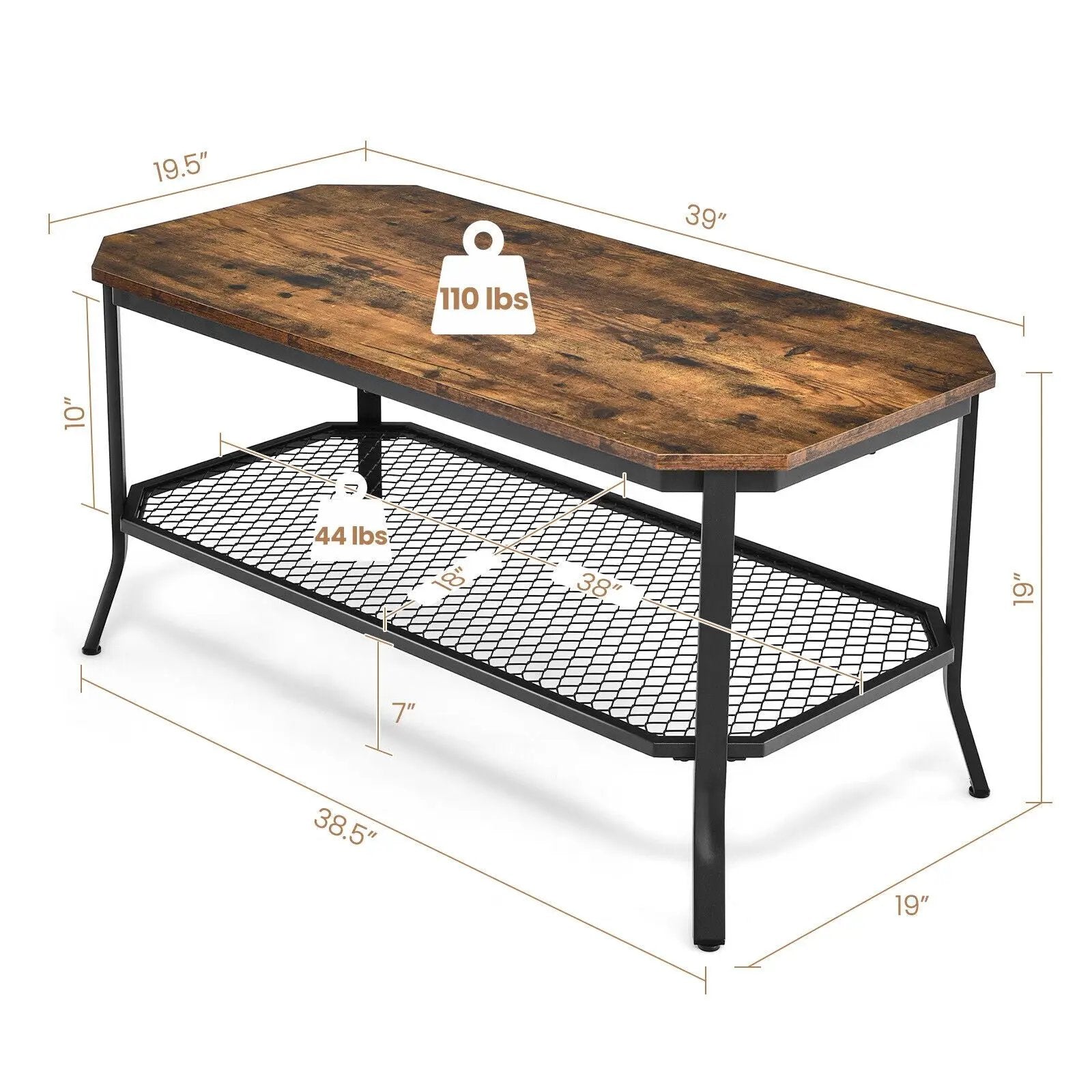 2-Tier Industrial Coffee Table with Open Mesh Storage Shelf for Living Room-Rustic Brown by DirectDeals