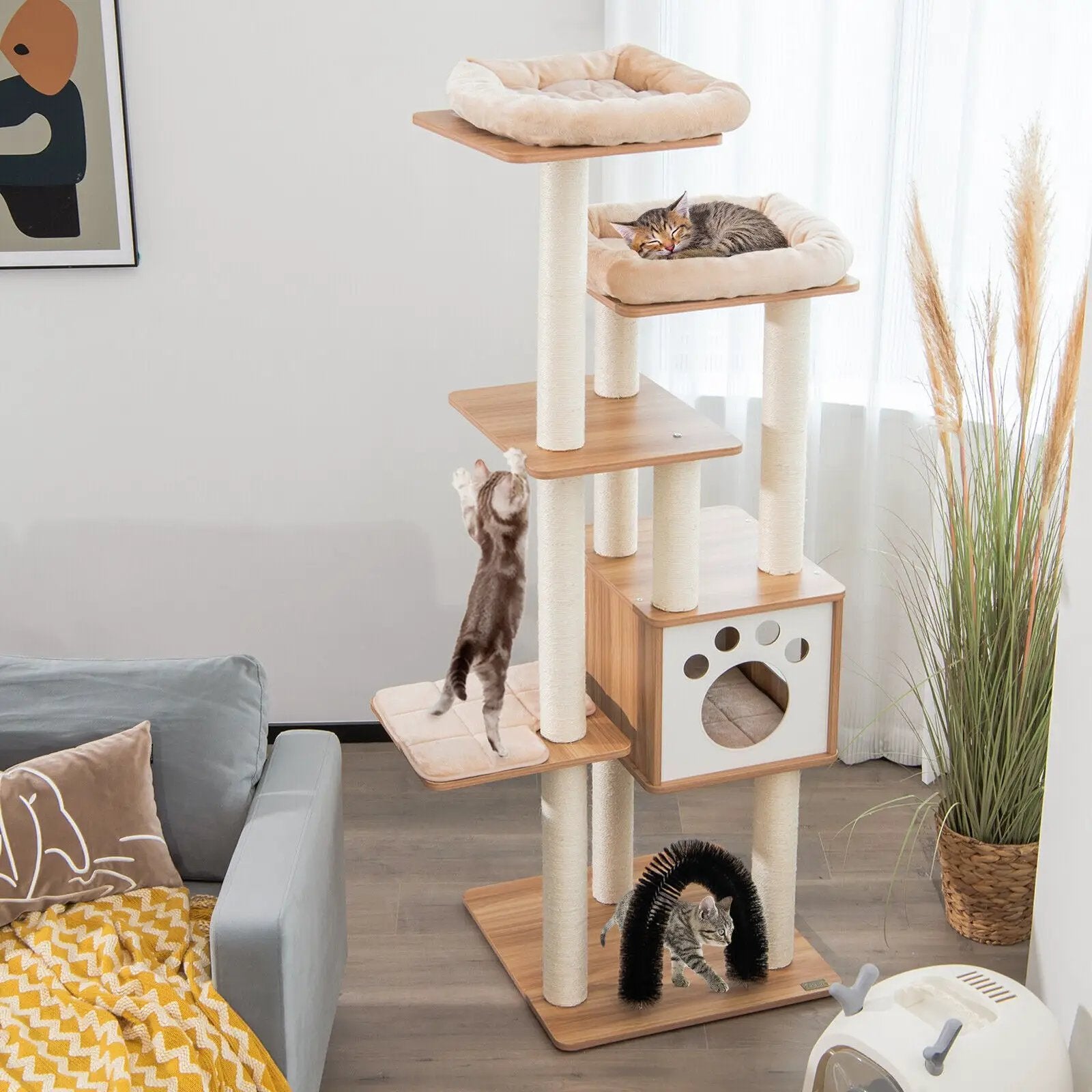 Indoor Cat Tree Tower with Platform Scratching Posts-Beige by DirectDeals