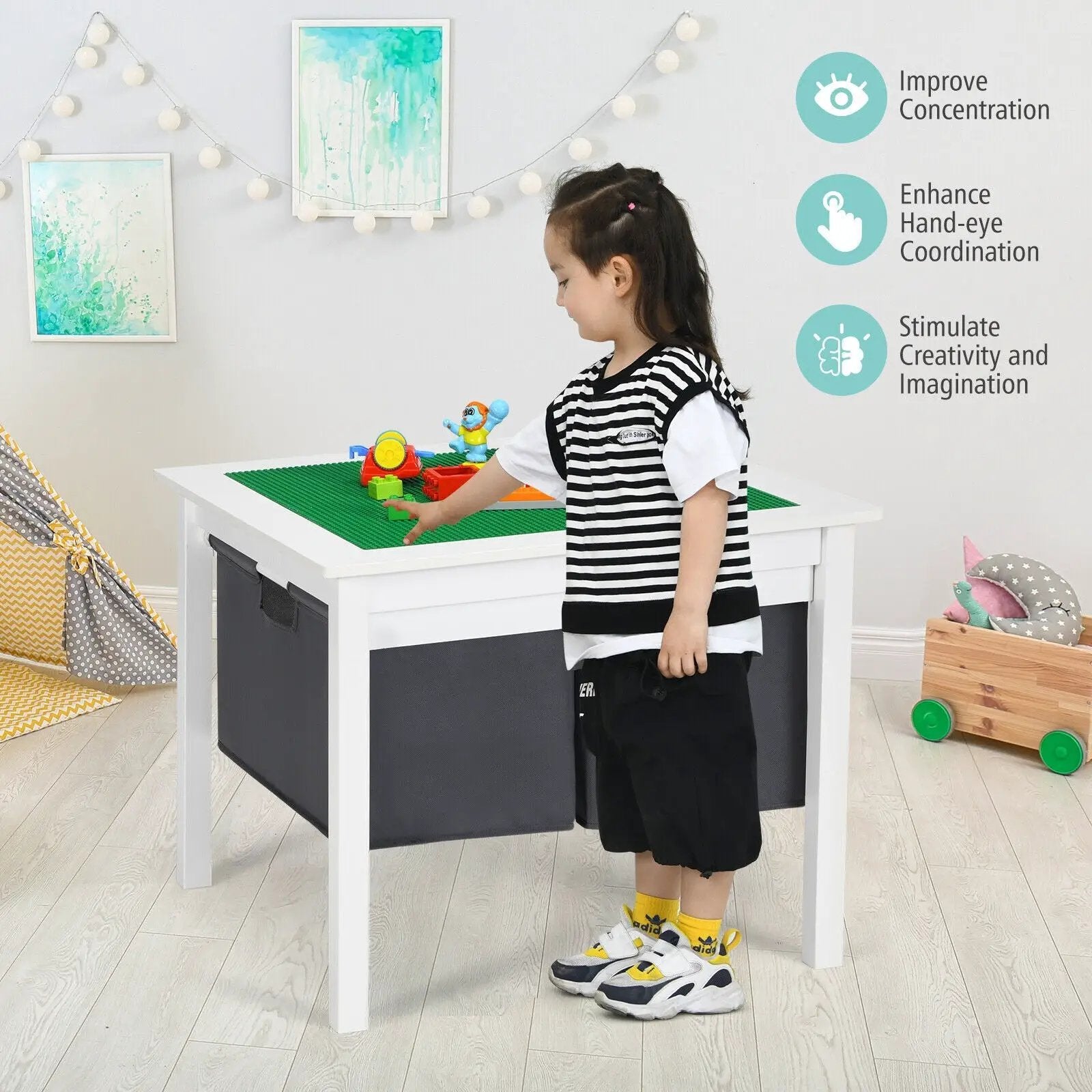 2-in-1 Kids Double-sided Activity Building Block Table with Drawers-White by DirectDeals