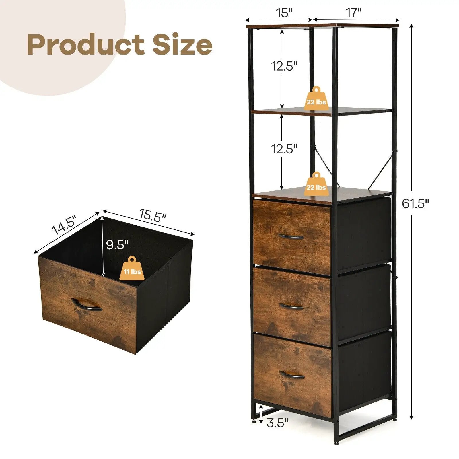 Freestanding Vertical 3 Drawer Dresser with 3 Shelves-Rustic Brown by DirectDeals