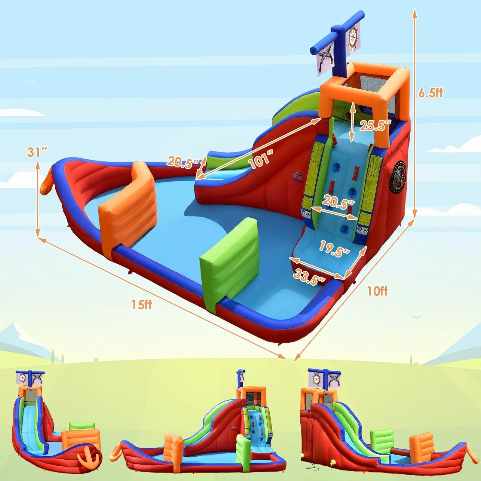 6-in-1 Kids Pirate Ship Water Slide Inflatable Bounce House with Water Guns Without Blower by DirectDeals
