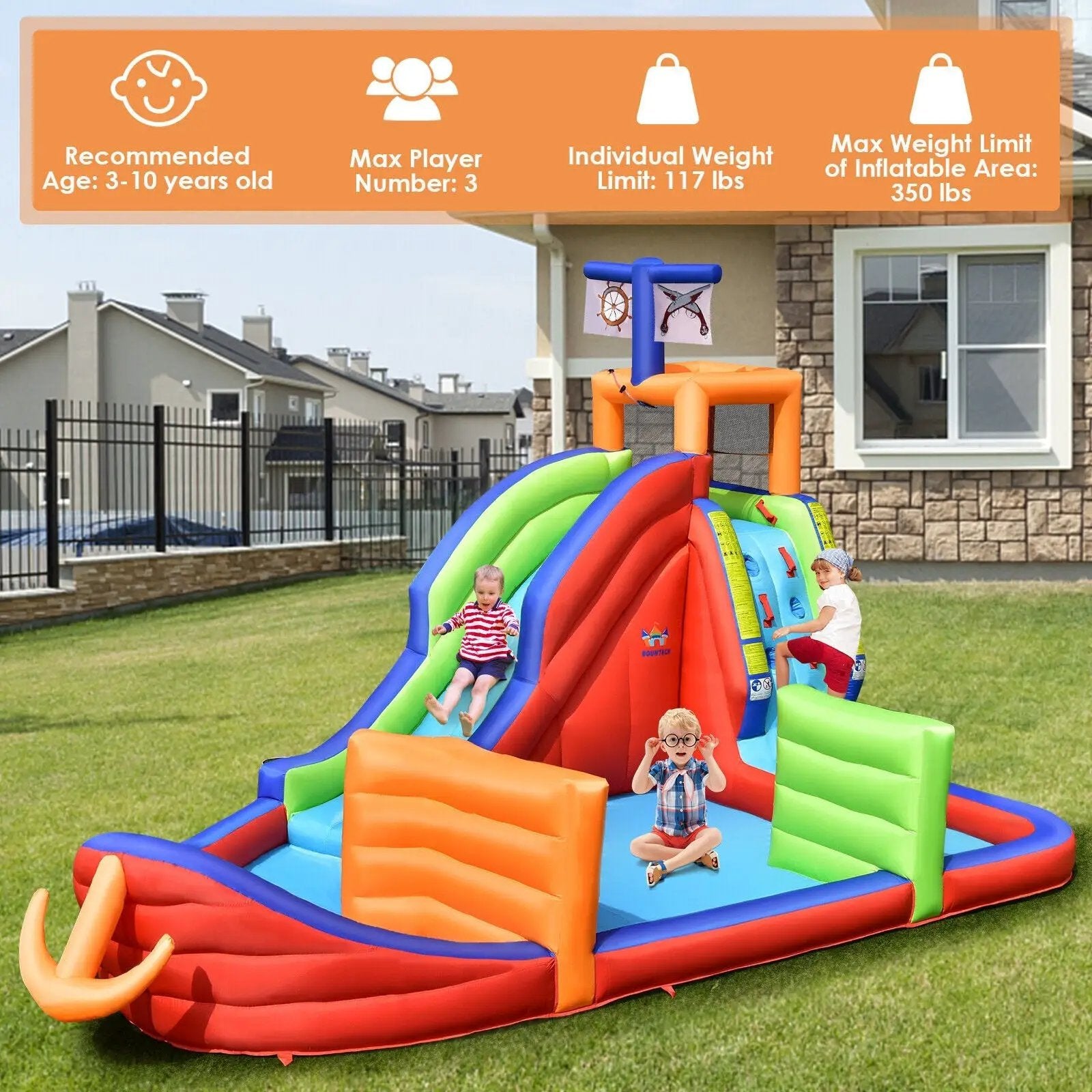 6-in-1 Pirate Ship Waterslide Kid Inflatable Castle with Water Guns and 735W Blower by DirectDeals