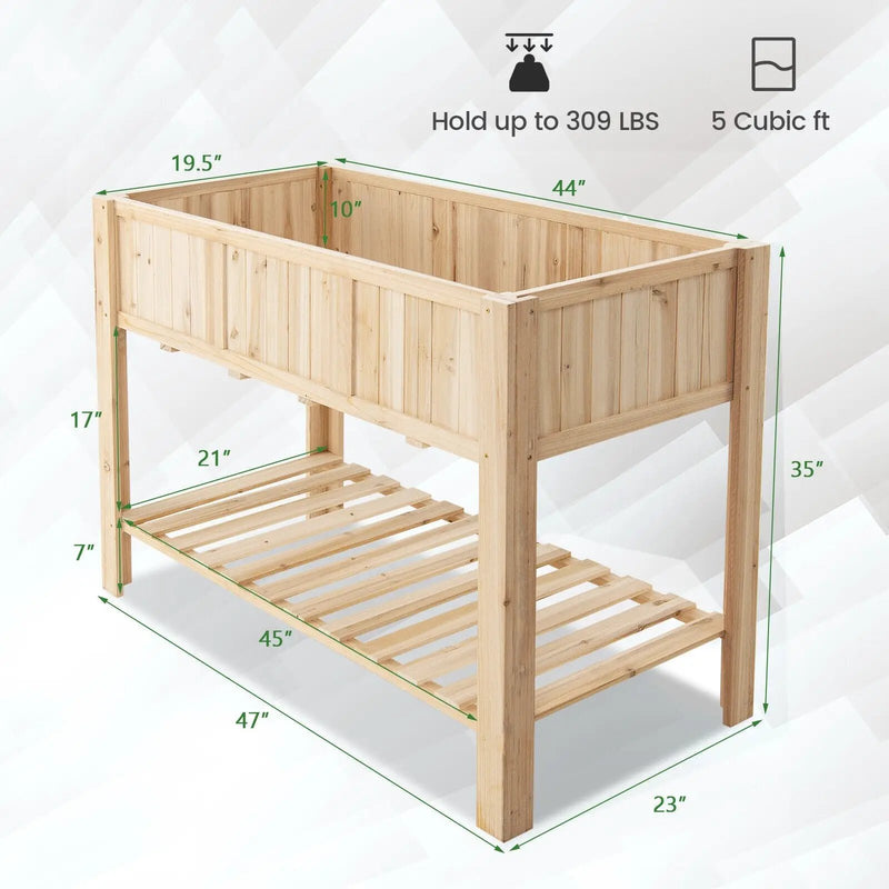 47 Inch Wooden Raised Garden Bed with Bottom Shelf and Bed Liner by DirectDeals