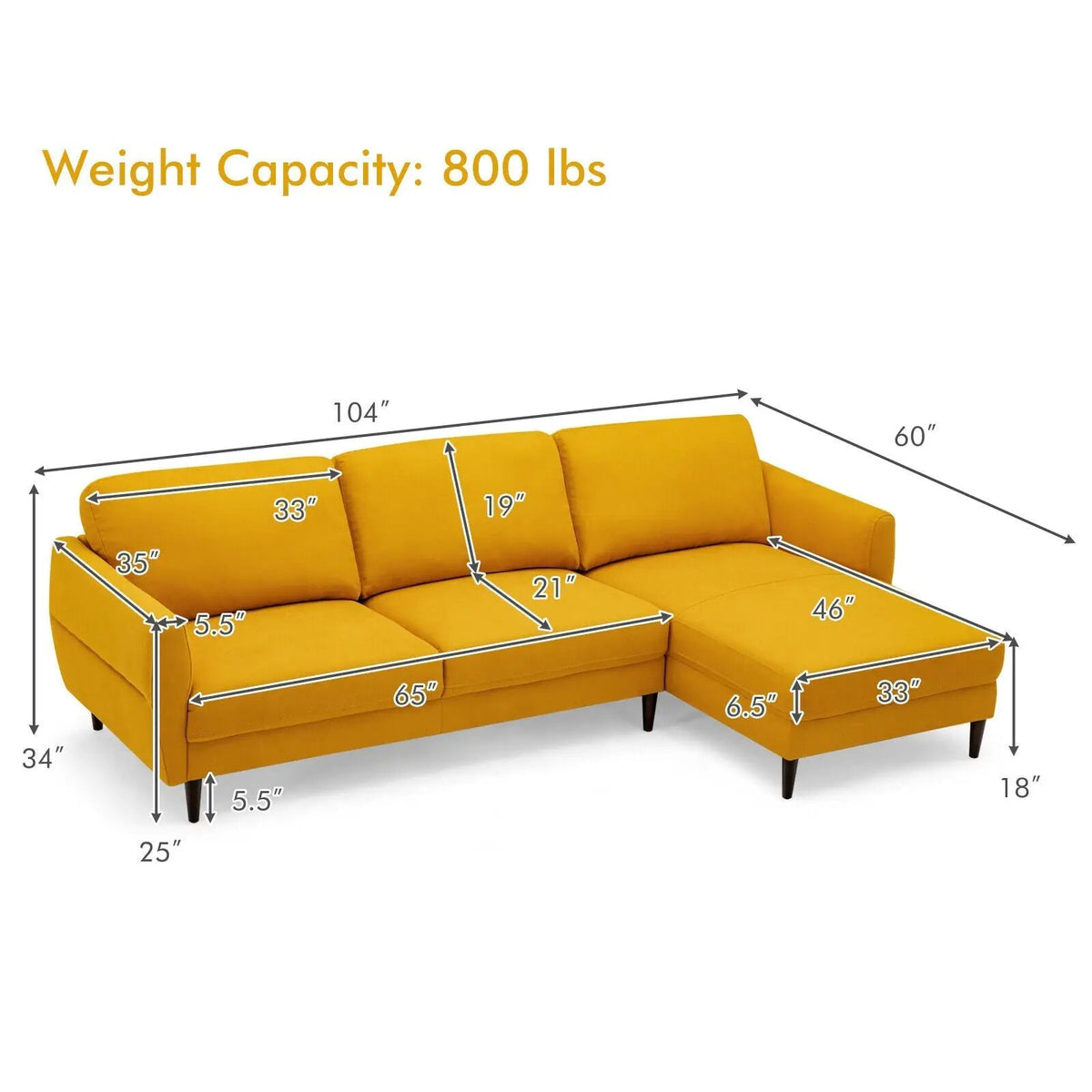 L-Shaped Fabric Sectional Sofa with Chaise Lounge and Solid Wood Legs, photo 10 of 16