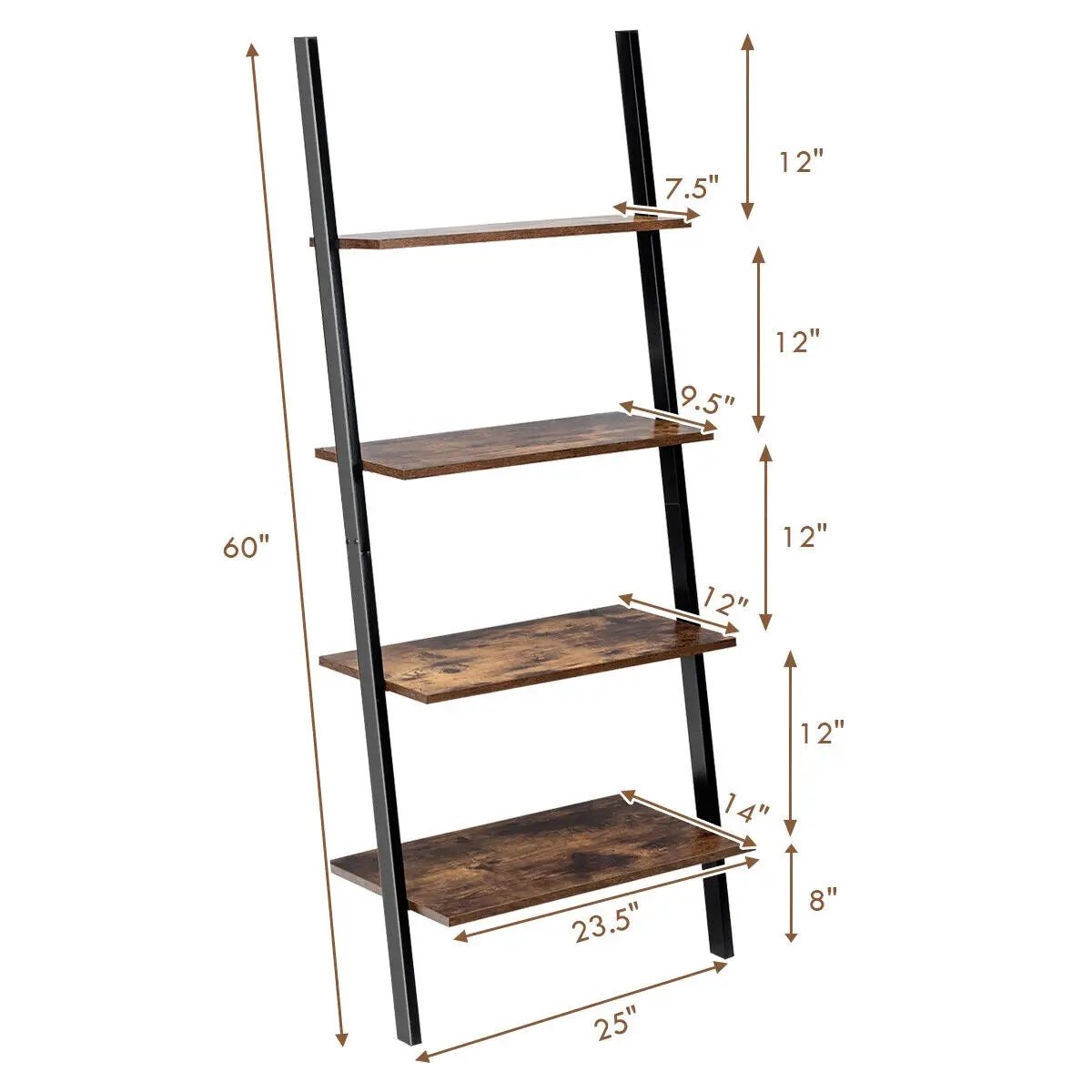 Multipurpose 4-Tier Industrial Leaning Wall Bookcase with Metal Frame, photo 8 of 16