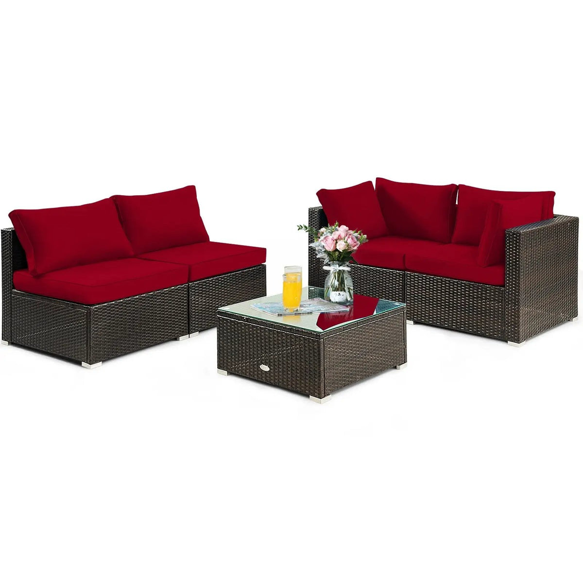 5 Pieces Cushioned Patio Rattan Furniture Set with Glass Table, photo 4 of 12