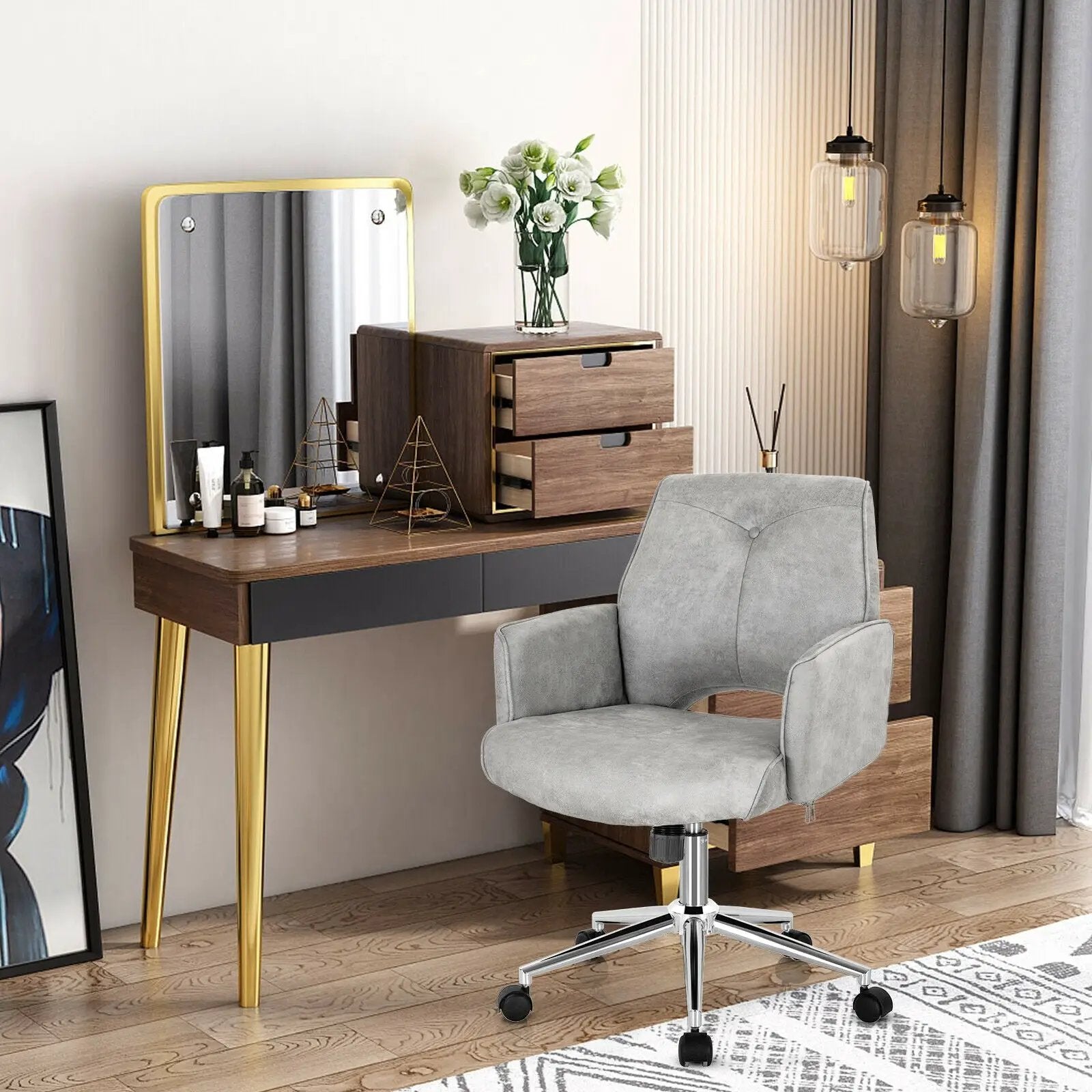 Adjustable Hollow Mid Back Leisure Office Chair with Armrest-Gray by DirectDeals