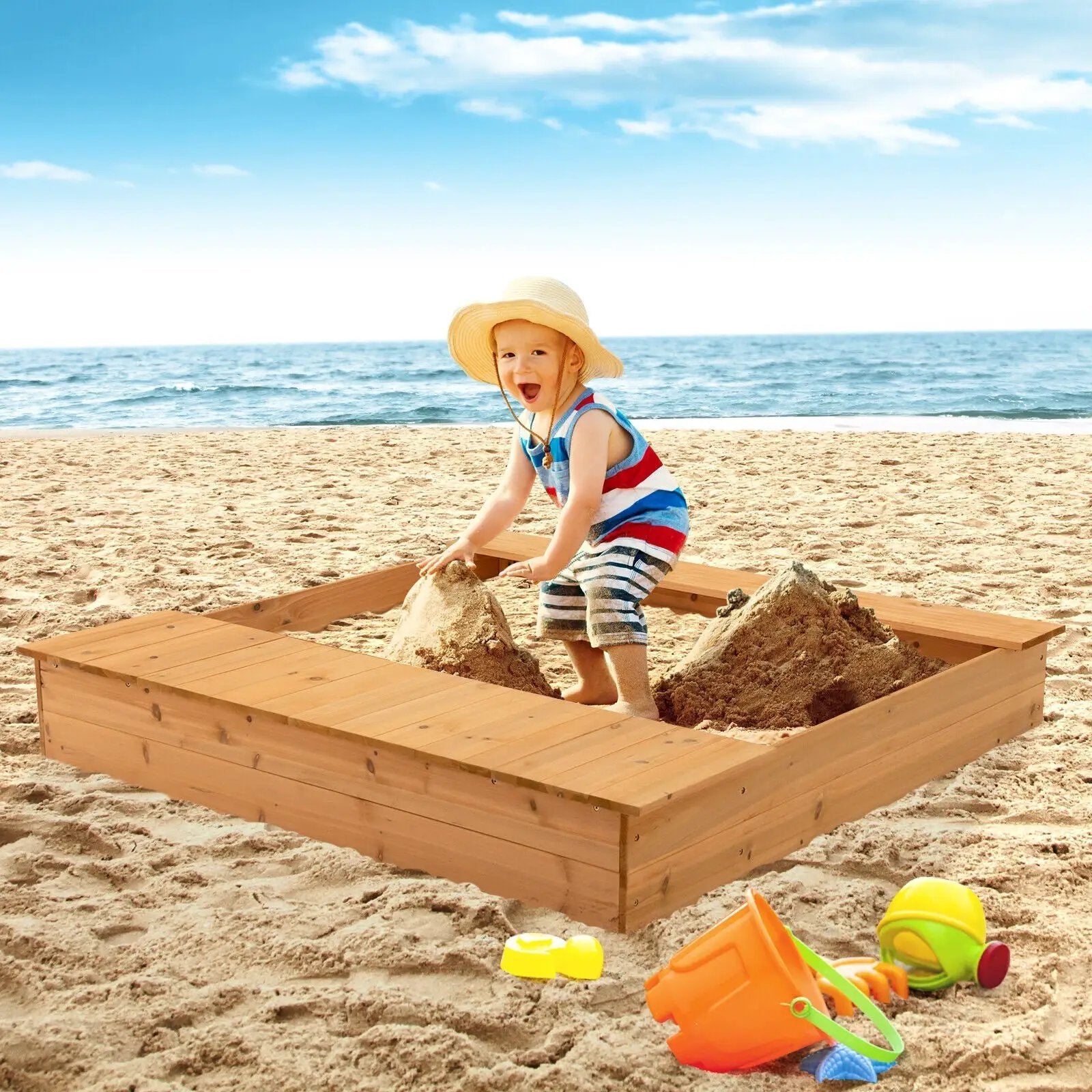 Kids Wooden Sandbox with Bench Seats and Storage Boxes by DirectDeals