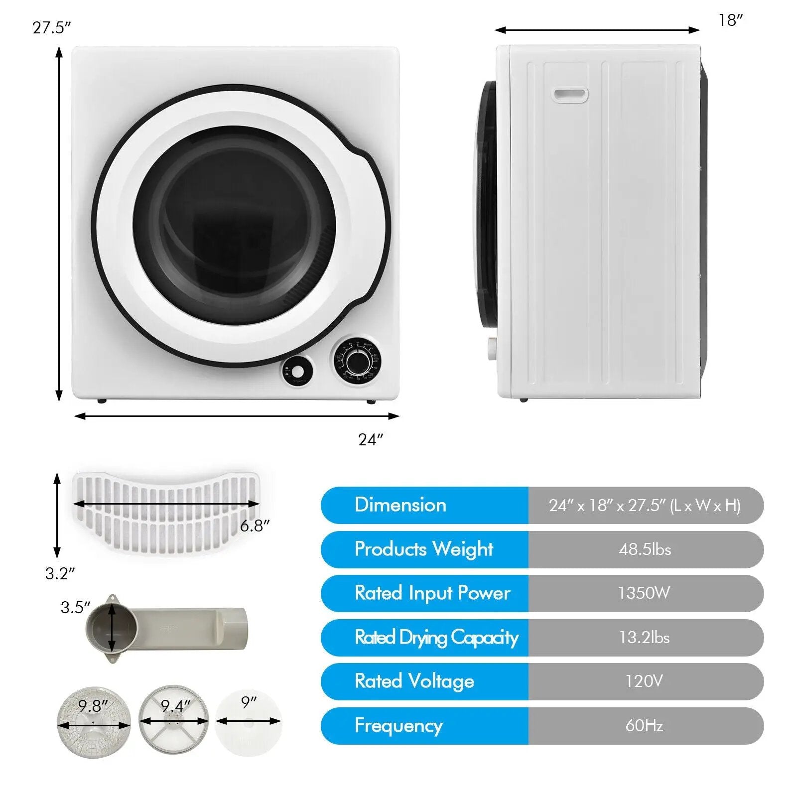 Compact Electric Tumble Laundry Dryer with Stainless Steel Tub-White by DirectDeals