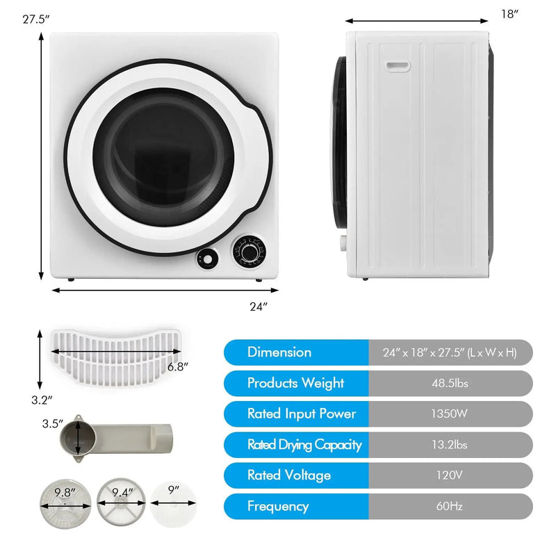Compact Electric Tumble Laundry Dryer with Stainless Steel Tub-White by DirectDeals