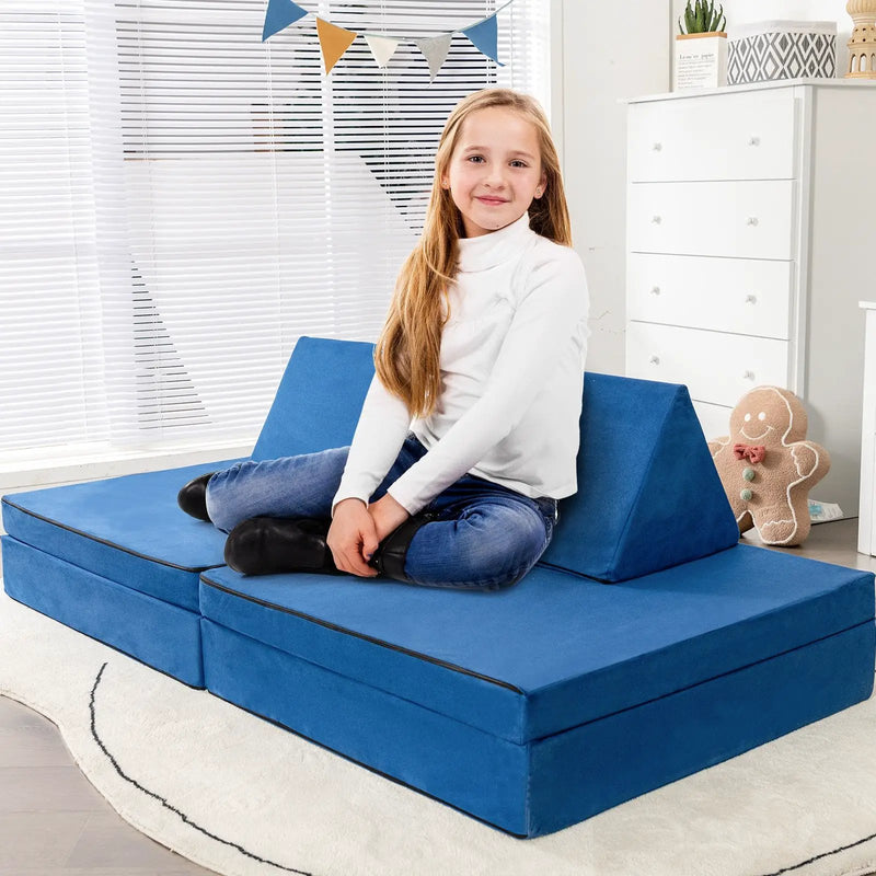 4 Pieces Convertible Kids Couch Set with 2 Folding Mats-Yellow by DirectDeals