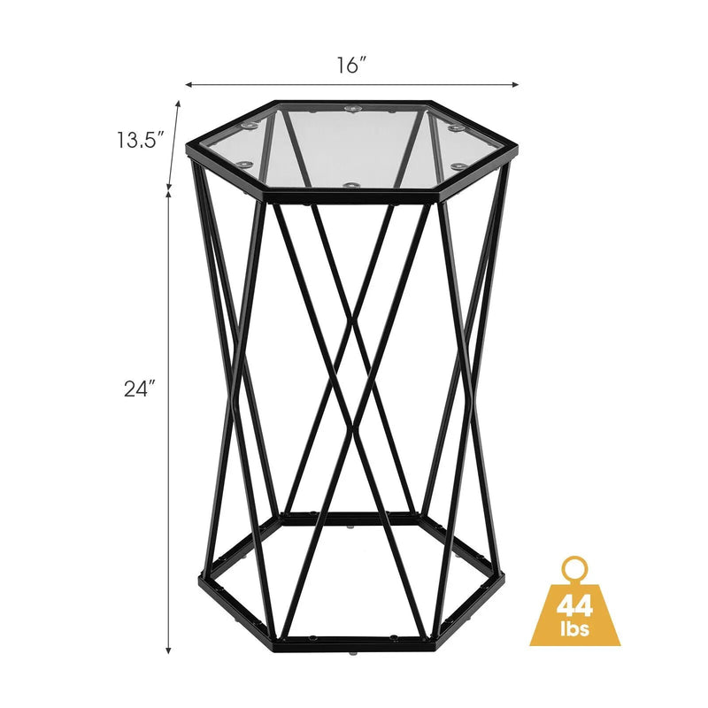 Hexagonal Accent End Table with Tempered Glass Top and Metal Frame by DirectDeals