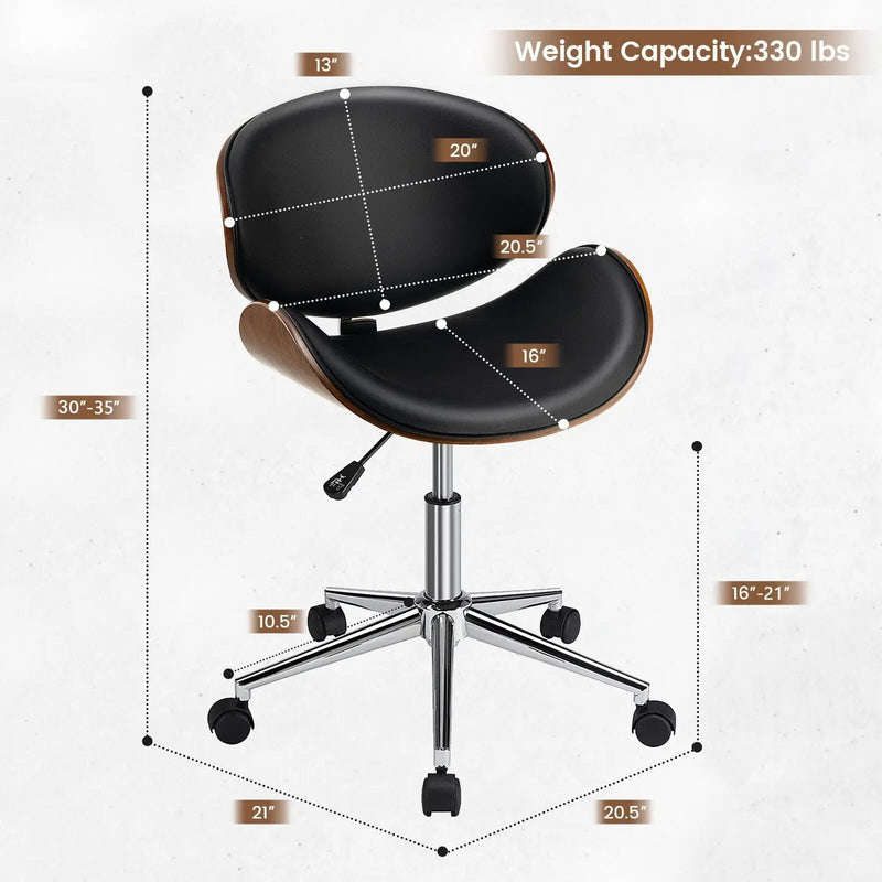 Adjustable Leather Office Chair Swivel Bentwood Desk Chair with Curved Seat-Black by DirectDeals