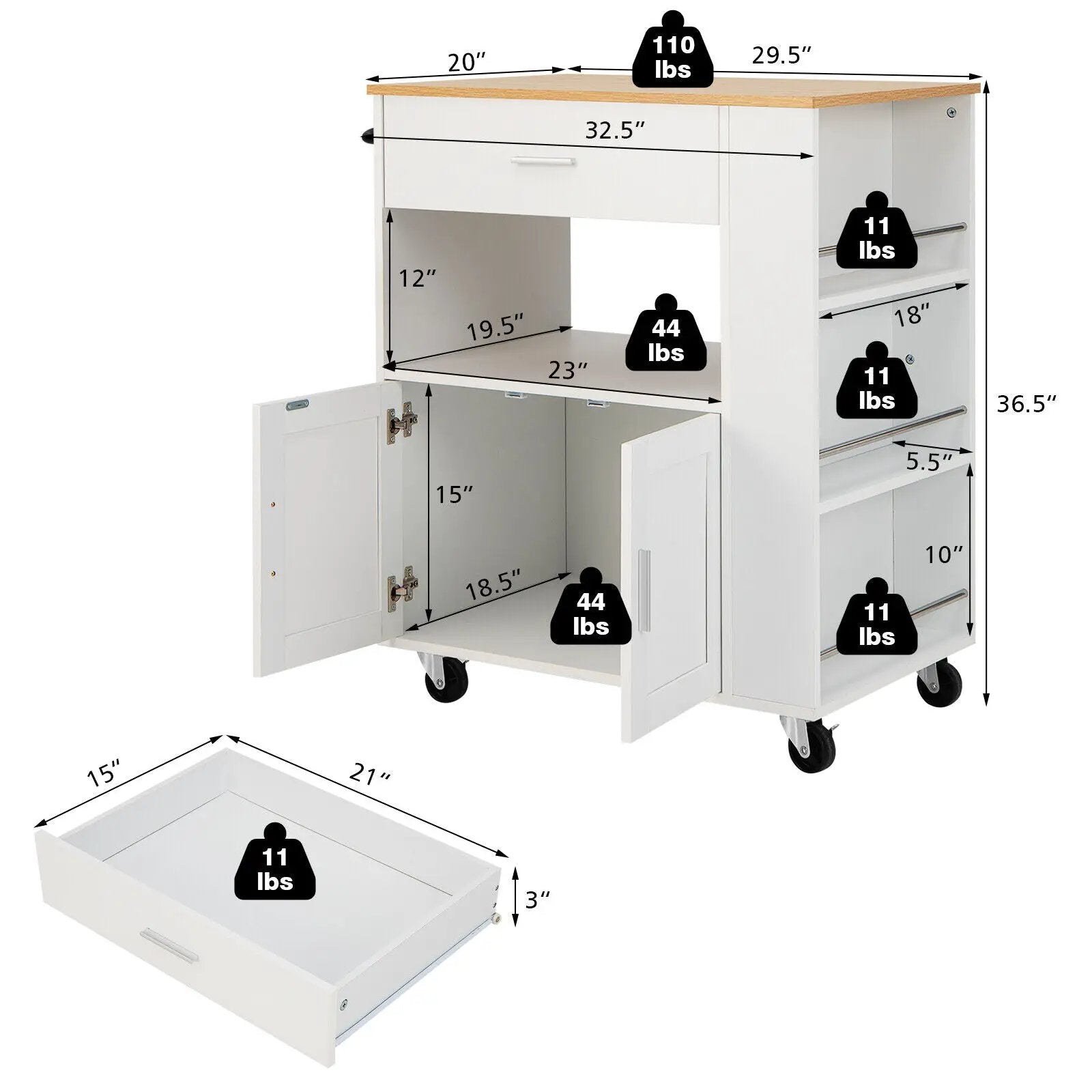 Rolling Kitchen Trolley with 3 Spice Racks Drawer and Open Shelf by DirectDeals