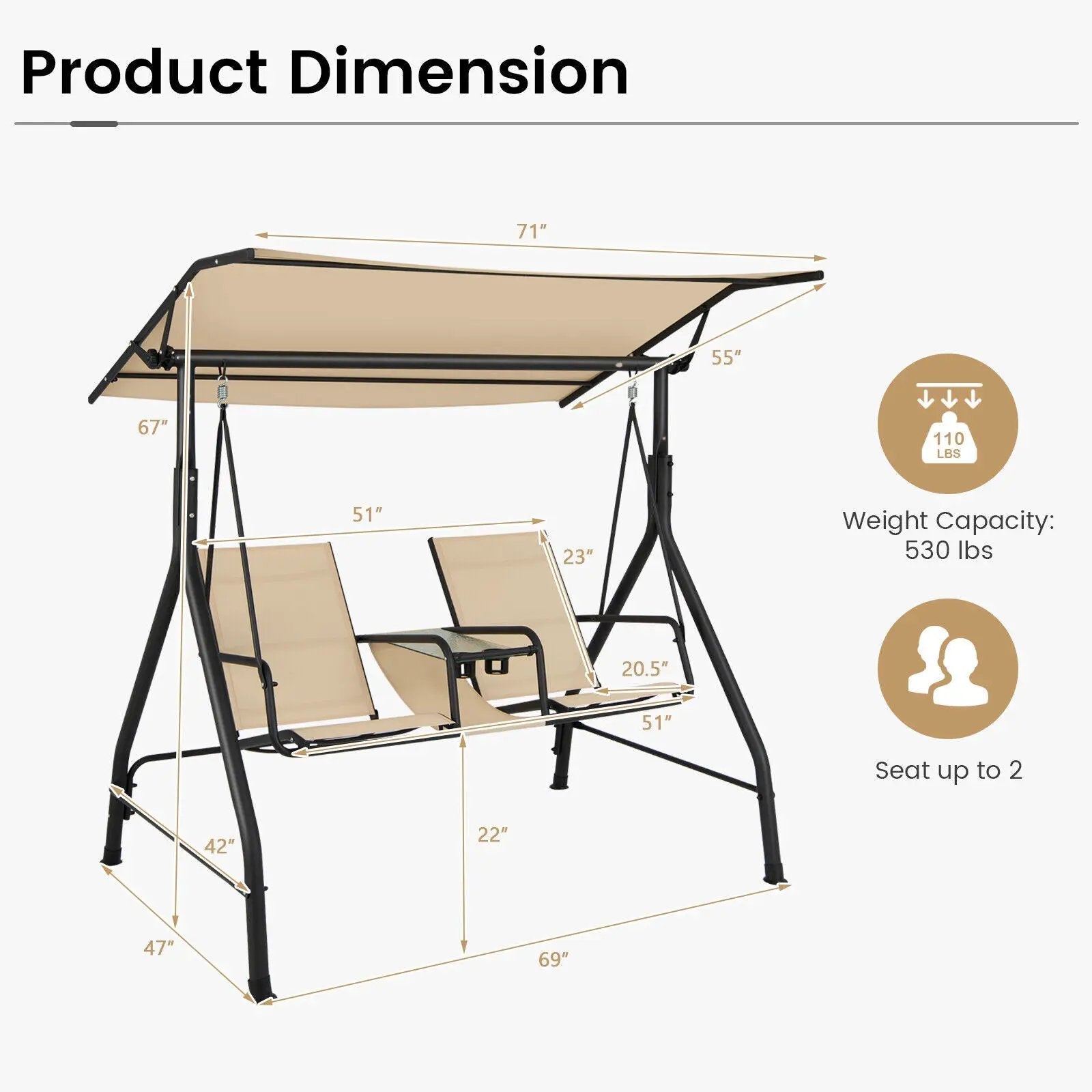 2-Seat Outdoor Cushioned Porch Swing with Adjustable Canopy and Tempered Glass Table-Beige by DirectDeals