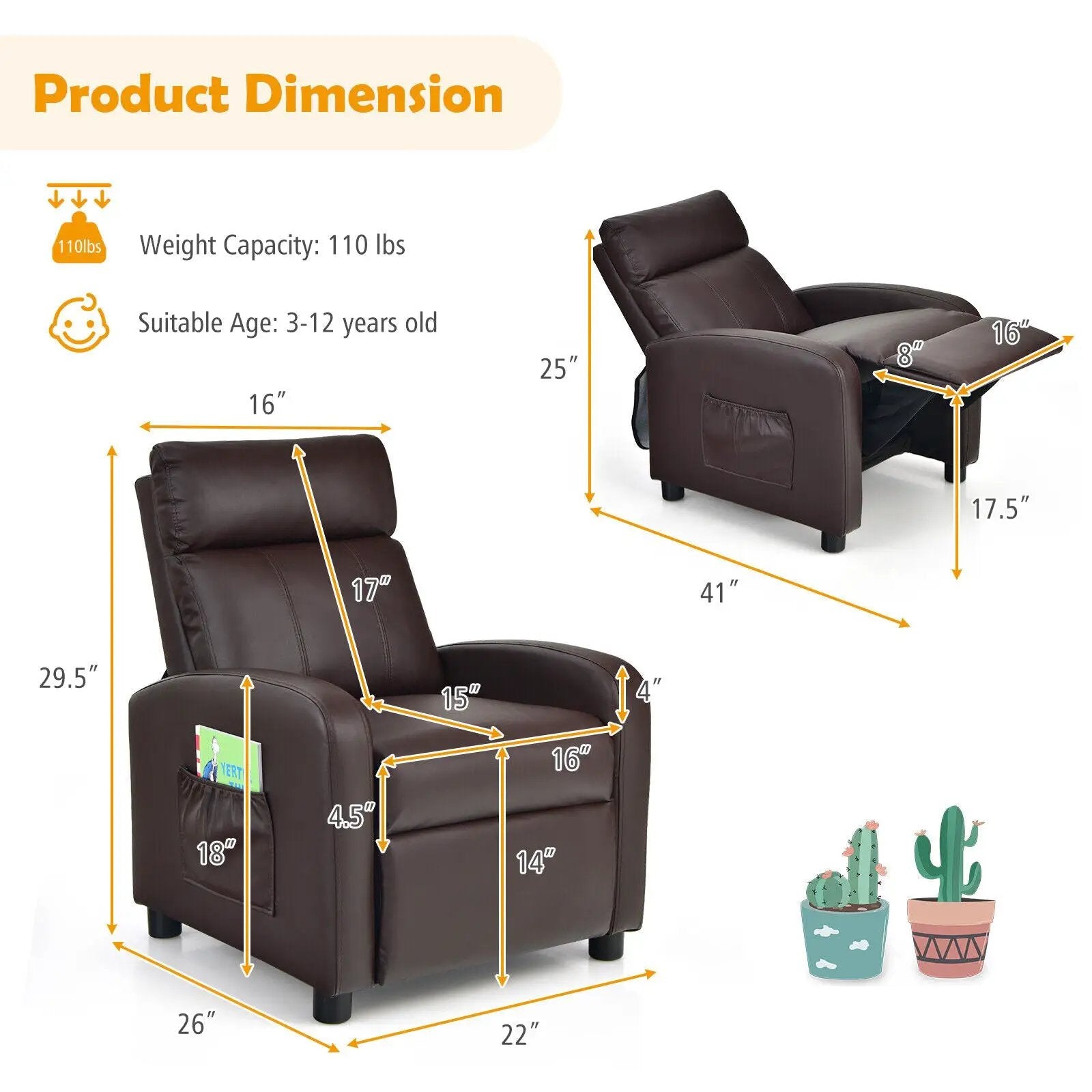 Ergonomic PU Leather Kids Recliner Lounge Sofa for 3-12 Age Group by DirectDeals