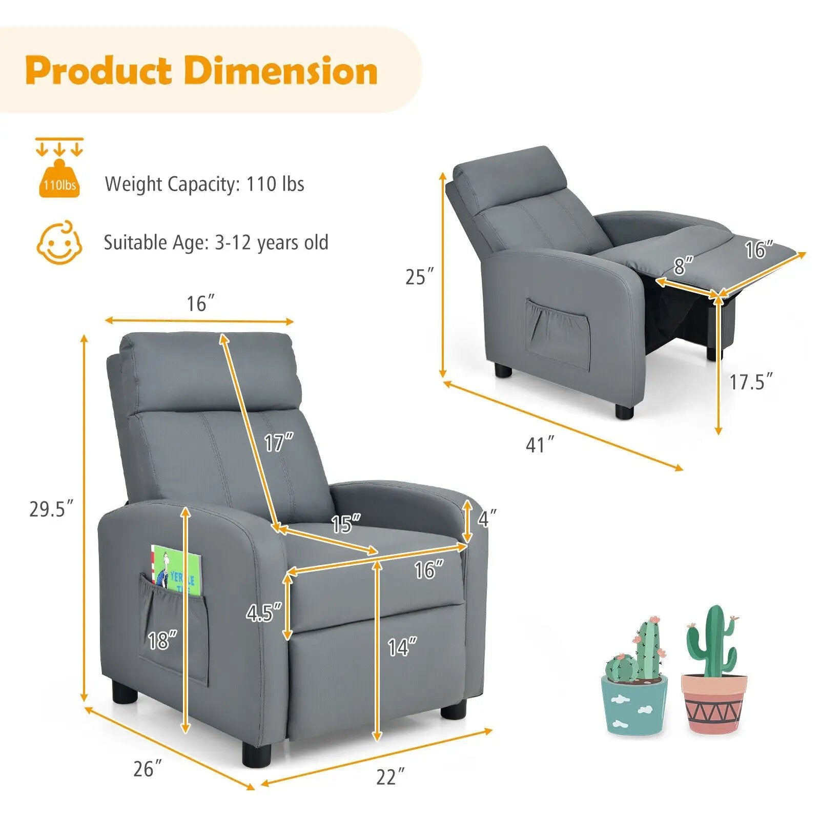 Ergonomic PU Leather Kids Recliner Lounge Sofa for 3-12 Age Group by DirectDeals