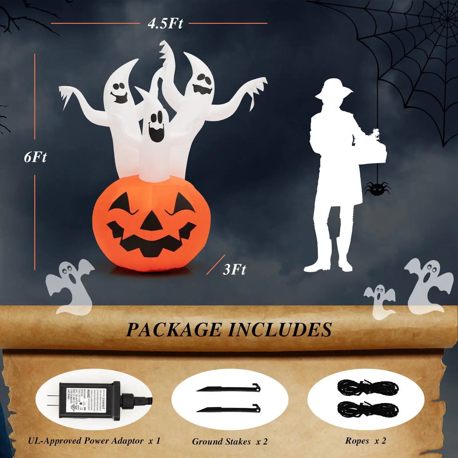 6 Feet Inflatable Halloween Ghosts with Pumpkin Decor and Rotating Lamp by DirectDeals