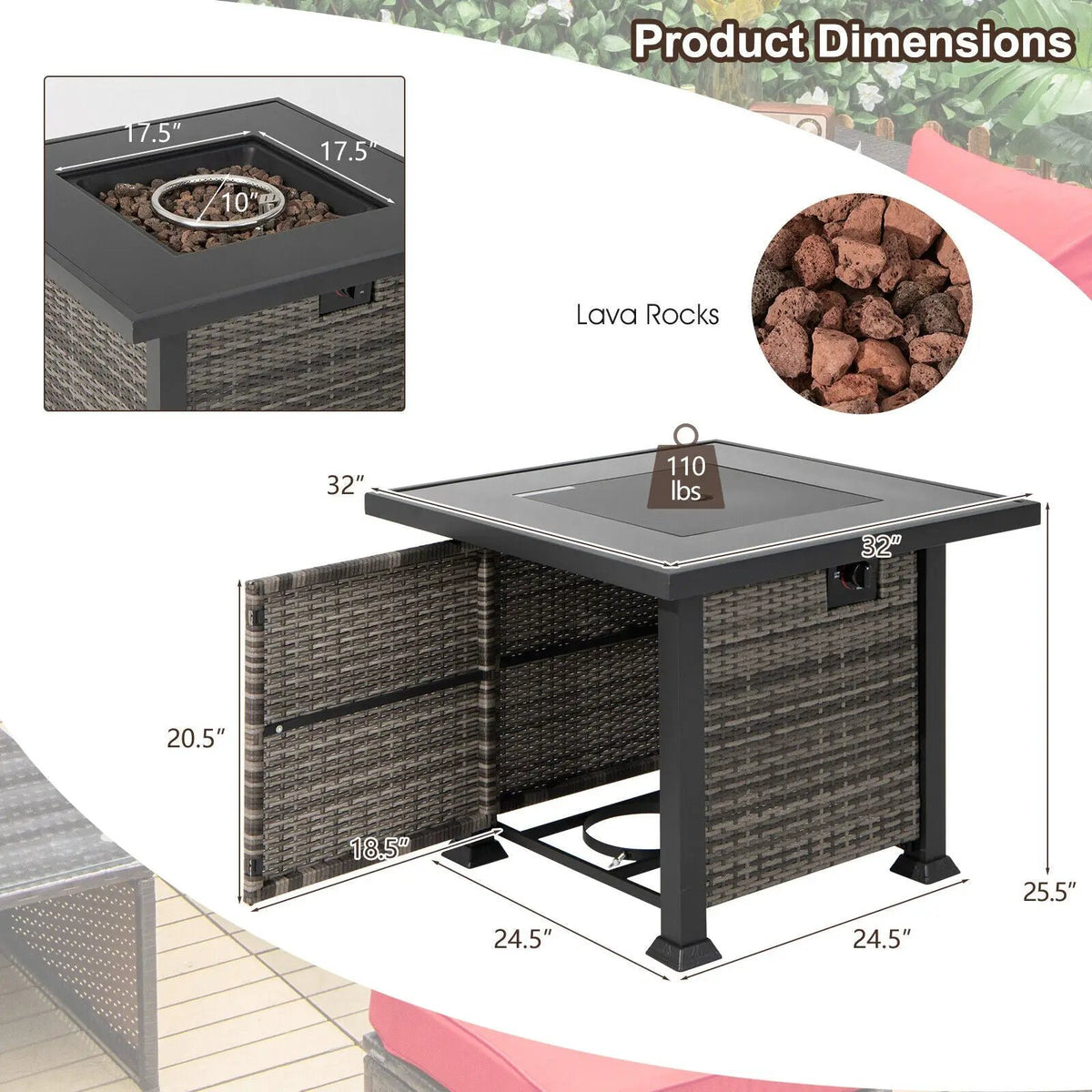32 Inch Square Propane Fire Pit Table with Lava Rocks Cover, photo 7 of 16