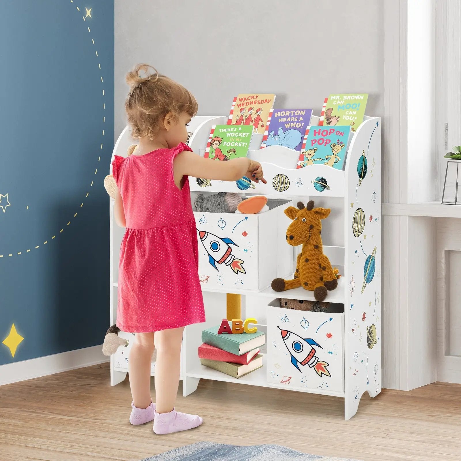 Wooden Children Storage Cabinet with Storage Bins-Rocket Pattern by DirectDeals