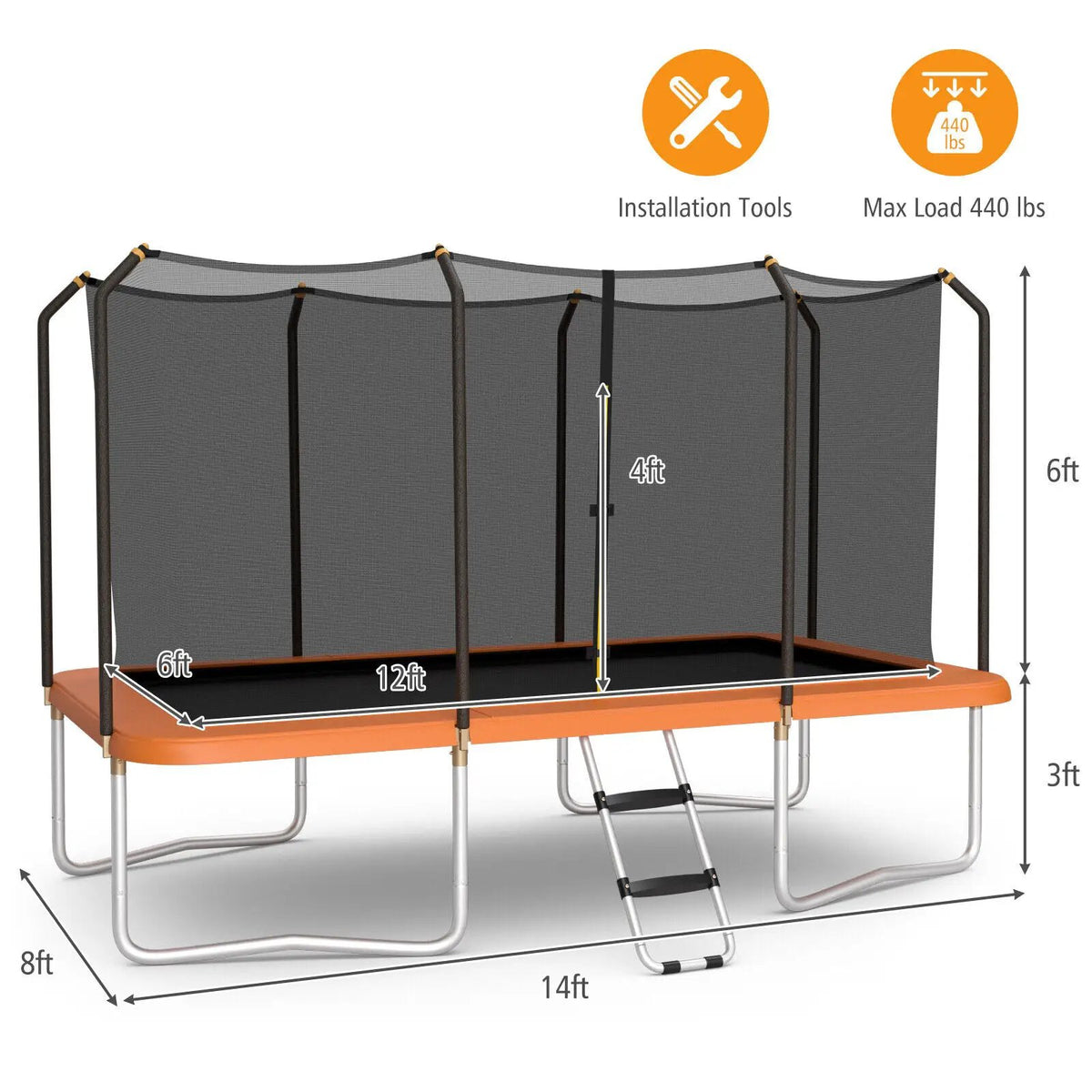 8 x 14 Feet Rectangular Recreational Trampoline with Safety Enclosure Net and Ladder, photo 7 of 16