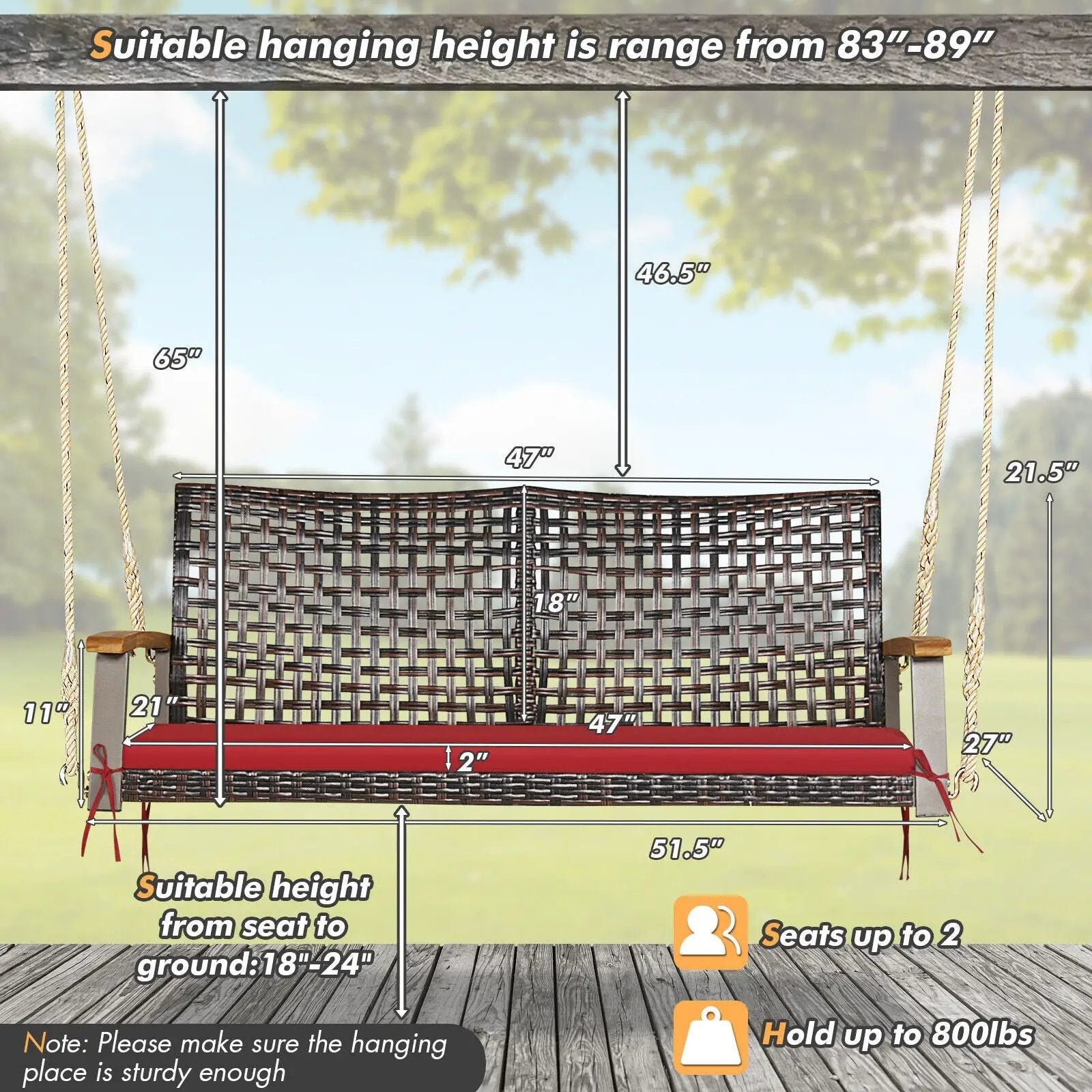 2-Person Rattan Hanging Porch Swing Chair by DirectDeals