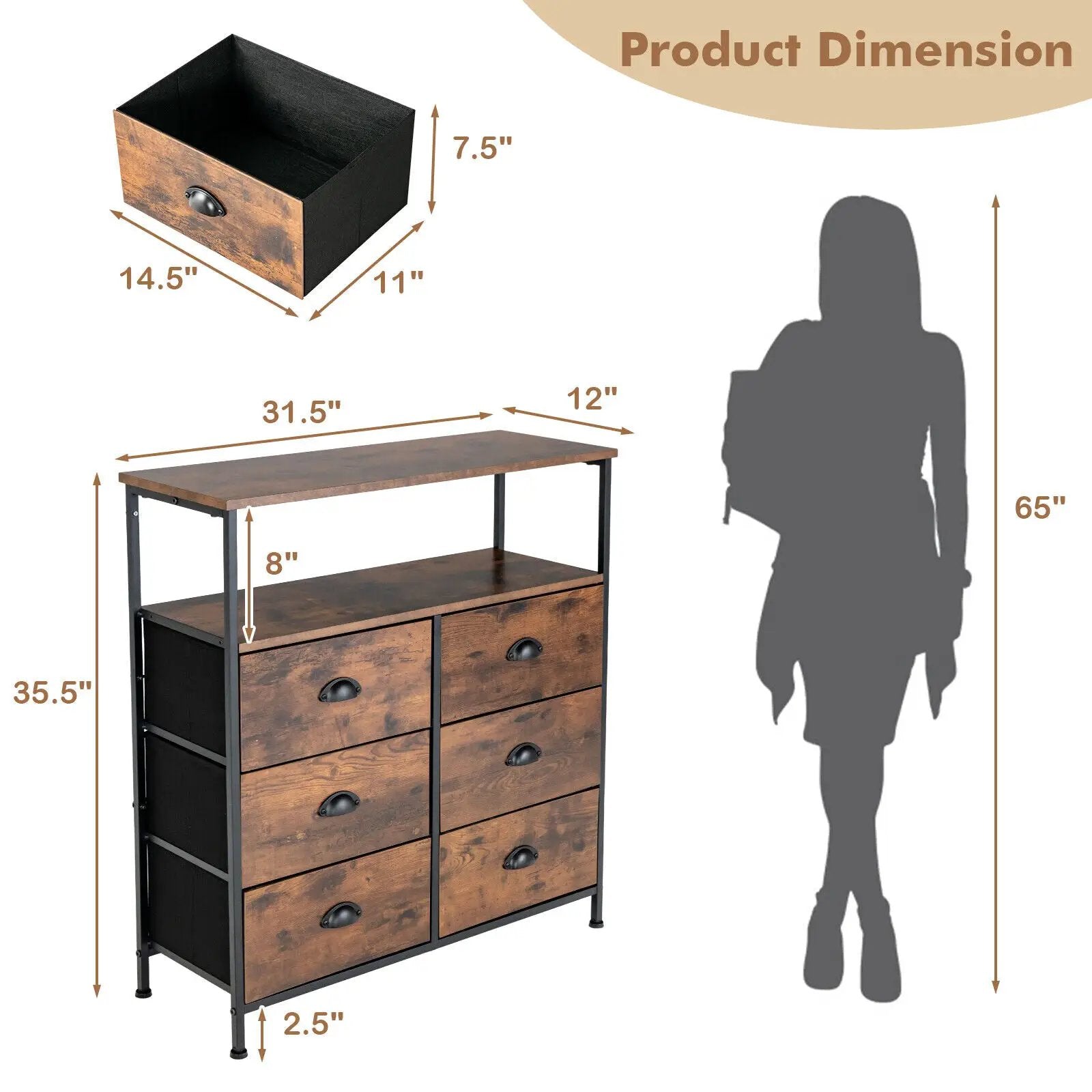 2-Tier Storage Chest with Wooden Top and 6 Fabric Drawers-Rustic Brown by DirectDeals