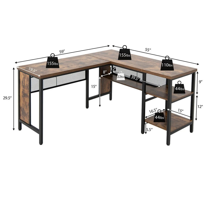 Industrial L-Shaped Corner Computer Desk Office Workstation with Storage Shelves by DirectDeals