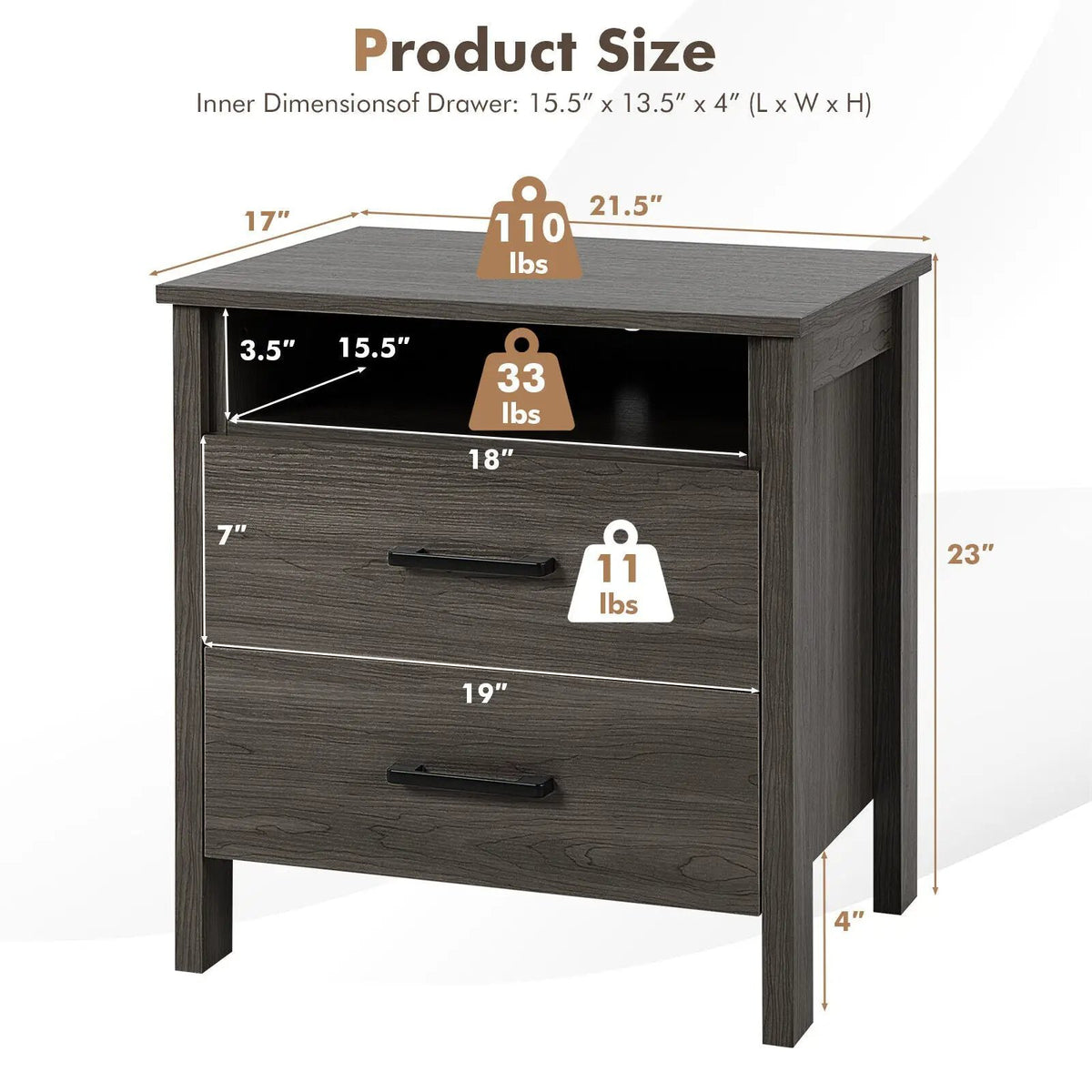Modern Wood Grain Nightstand with Cable Hole and Open Compartment, photo 9 of 16